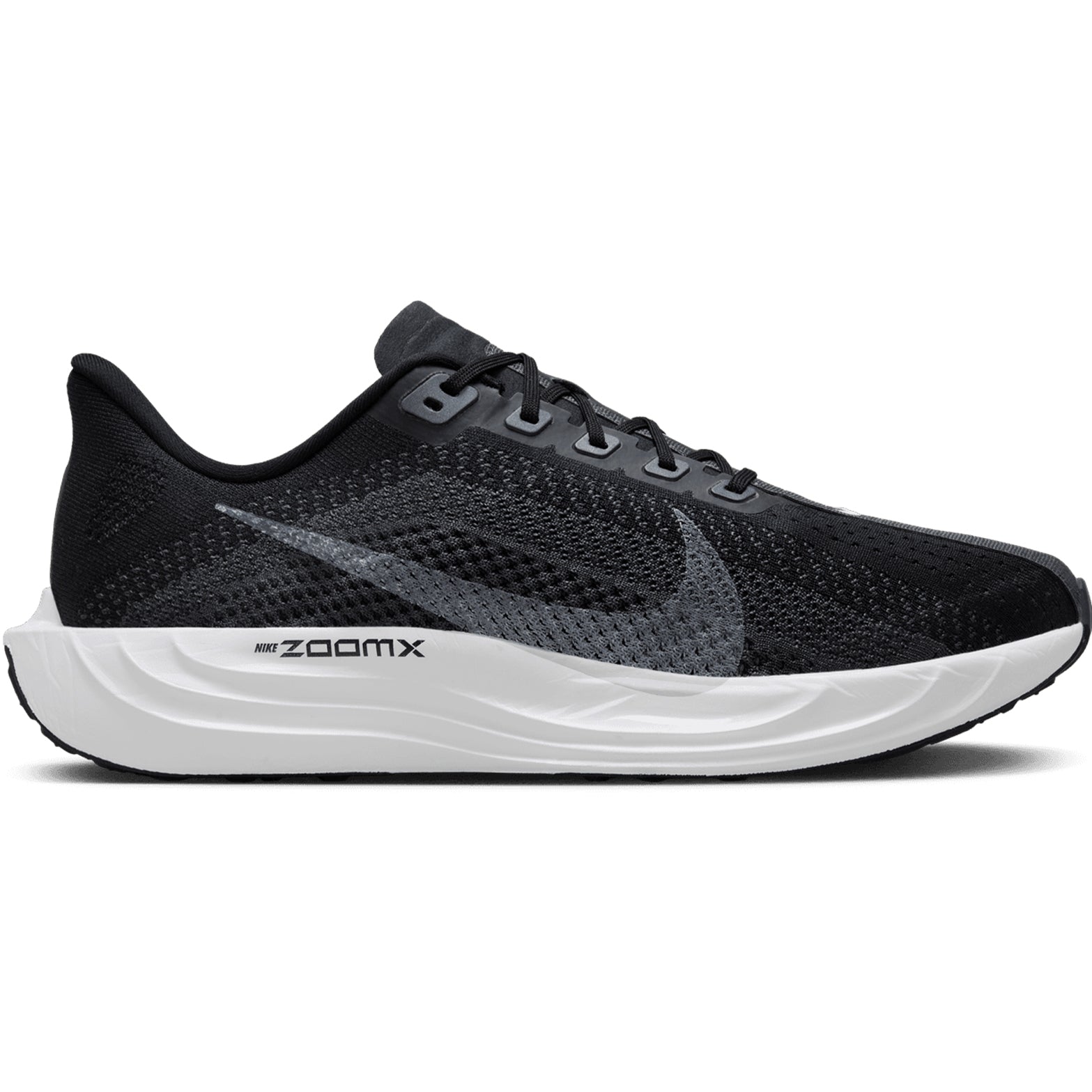 Men's Nike Pegasus Plus Running Shoes Black Pure Platinum Anthracite outer side view showing full-length ZoomX foam midsole and Flyknit upper construction