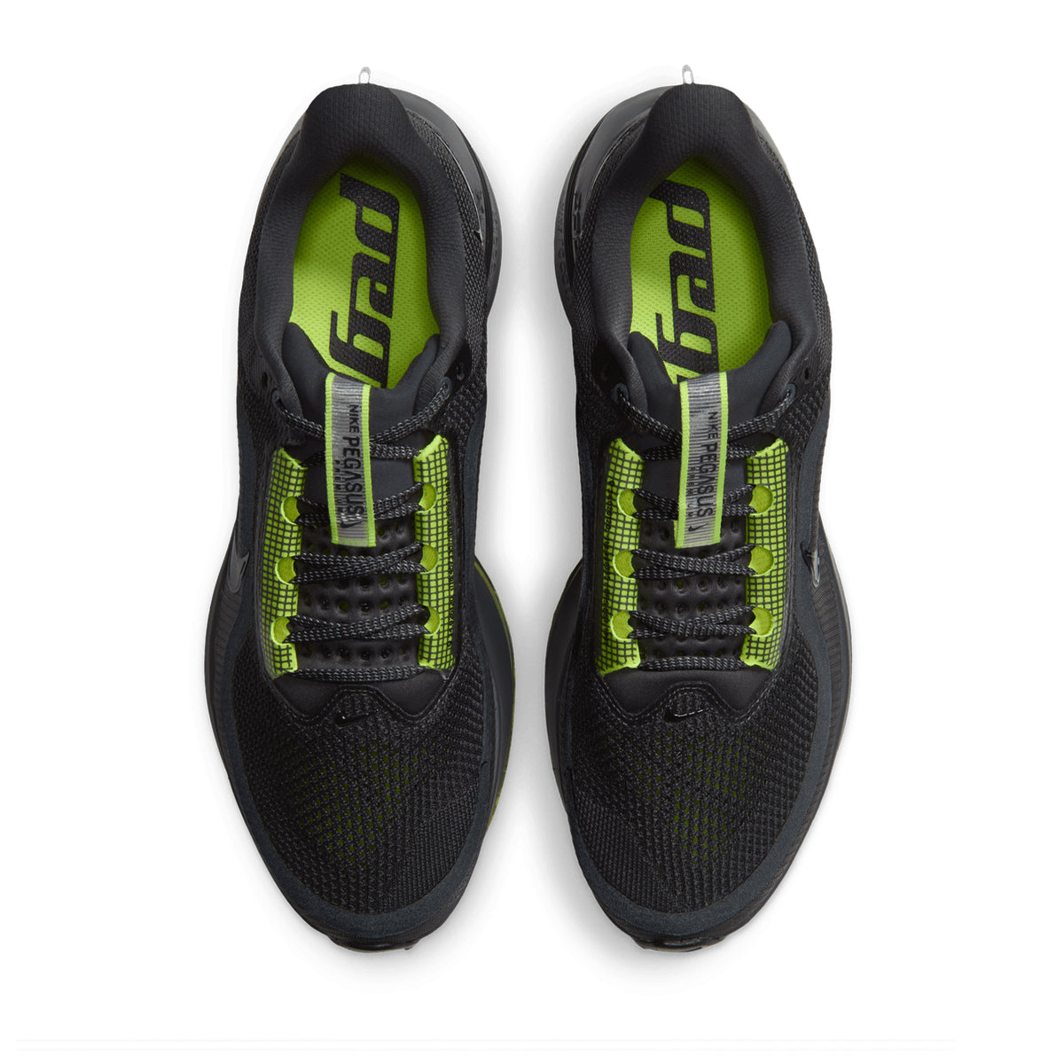 A pair of Nike Men’s Pegasus Premium Running Shoes in Dark Shadow, Black, and Yellow Venom is viewed from above. The sneakers feature neon yellow insoles and laces, each emblazoned with bold “LEBRON” lettering. Inspired by the Nike Pegasus Premium design, these shoes include a breathable mesh upper, durable rubber soles, and triple-layer cushioning for superior energy return with every stride.