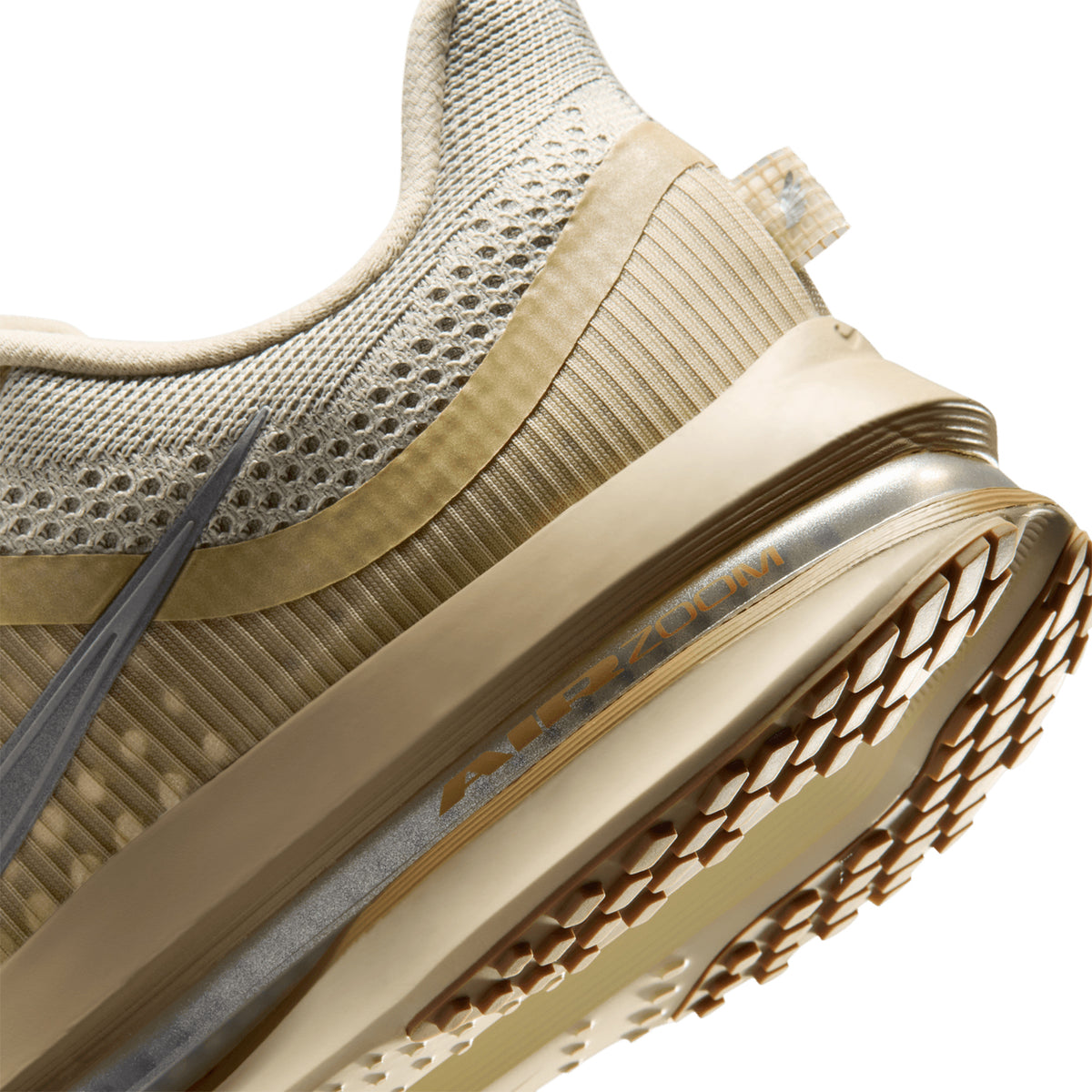Men's Nike Pegasus Premium Running Shoes Desert Khaki Light Khaki Filbert Metallic Silver angled side and heel view showing Air Zoom units surrounded by ZoomX foam for plush springy daily road running