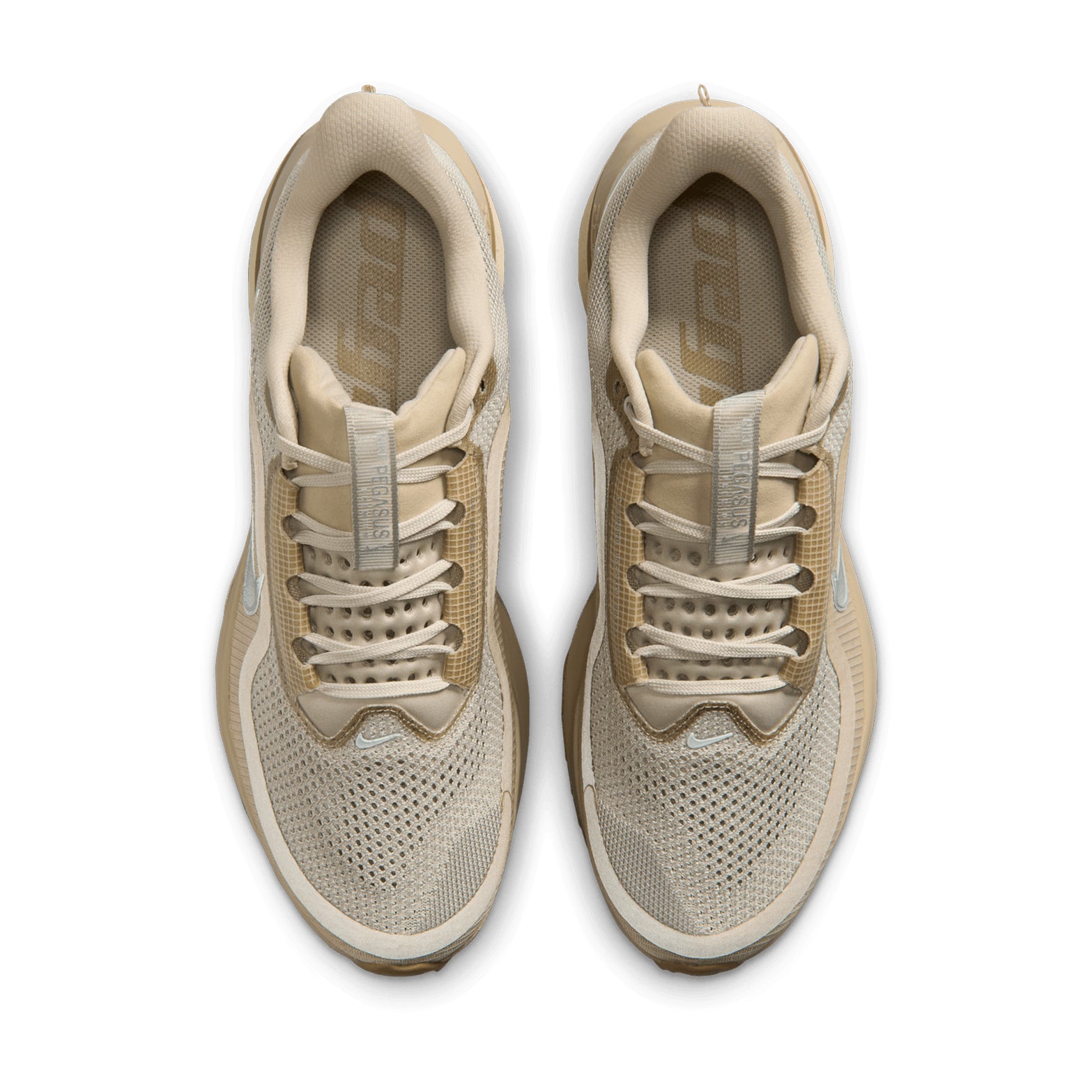 Men's Nike Pegasus Premium Running Shoes Desert Khaki Light Khaki Filbert Metallic Silver top view showing engineered mesh upper with lightweight breathable construction for daily road running