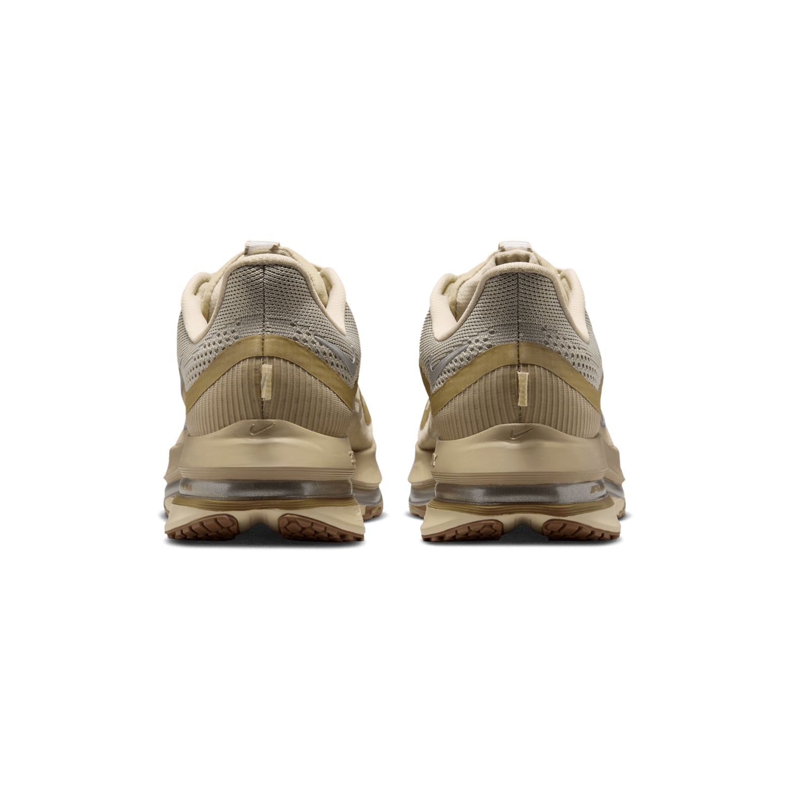 Men's Nike Pegasus Premium Running Shoes Desert Khaki Light Khaki Filbert Metallic Silver heel view showing Air Zoom technology with full-length ZoomX foam for cushioned impact protection during landing