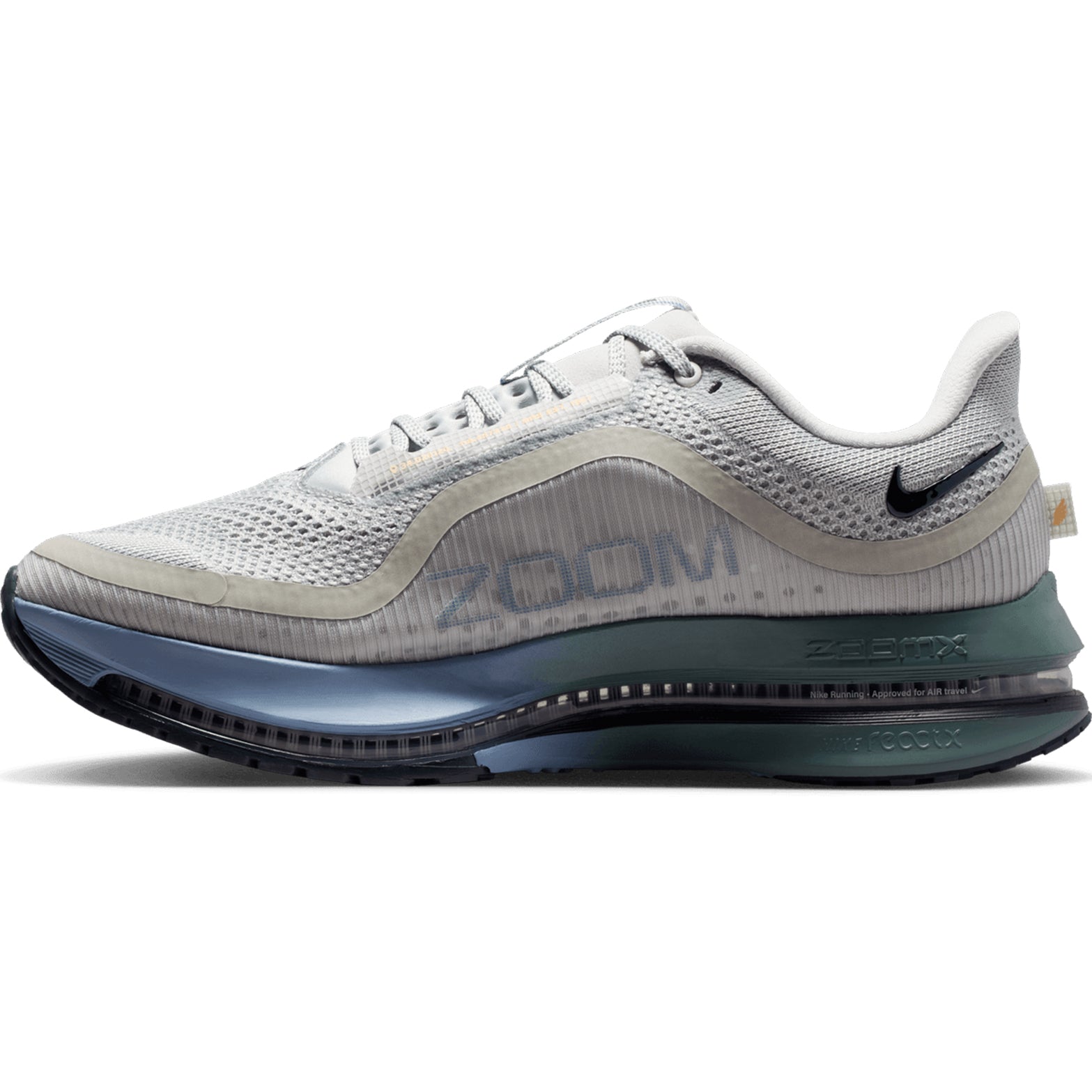 Nike Pegasus Premium men's running shoe in Grey Mist / Dark Obsidian / Mineral Slate — inner view showing grey mist engineered mesh upper, dark obsidian midsole detailing, responsive cushioning and React foam construction with support structure
