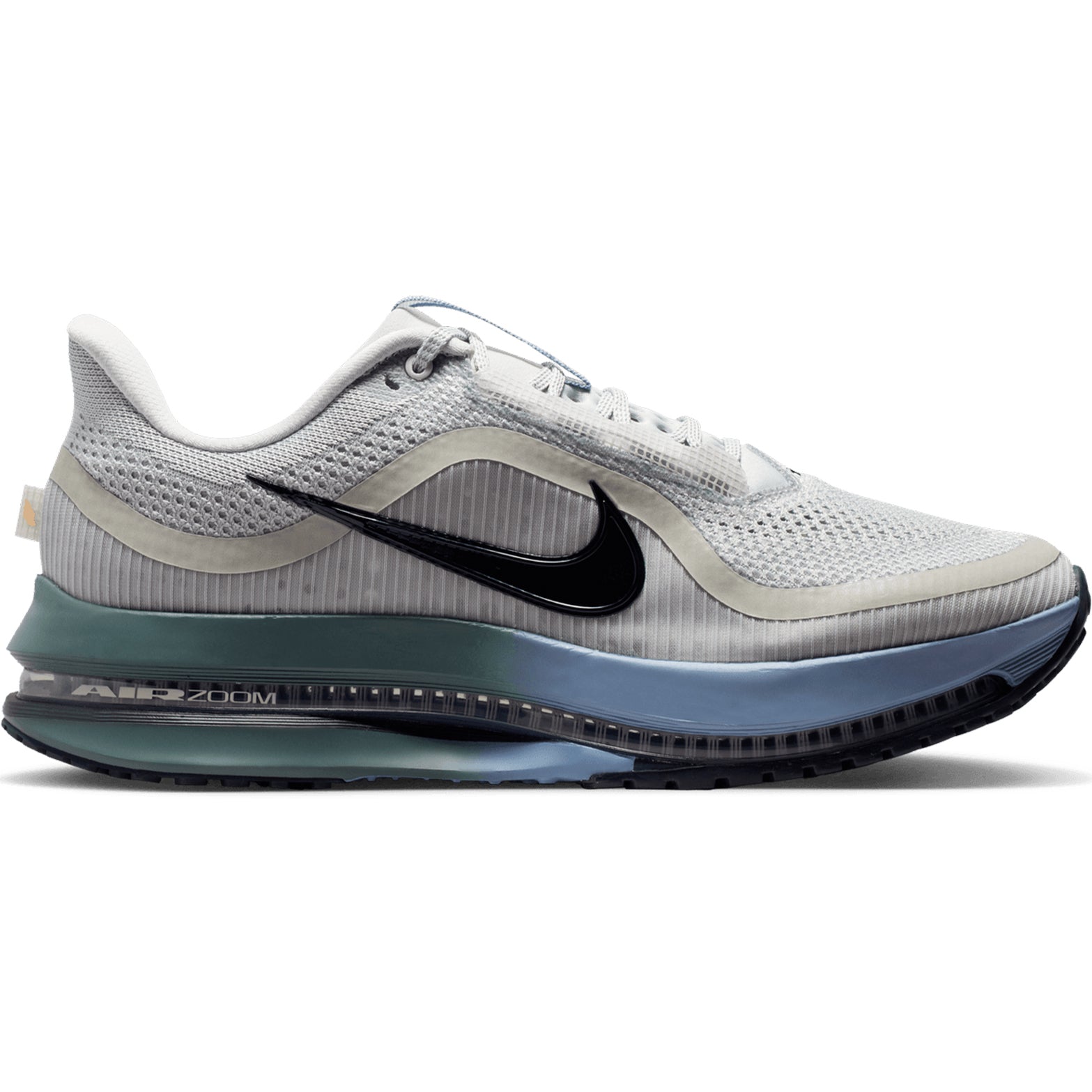 Nike Pegasus Premium men's running shoe in Grey Mist / Dark Obsidian / Mineral Slate — outer view showing grey mist engineered mesh upper with dark obsidian and mineral slate accent detailing and React foam midsole profile