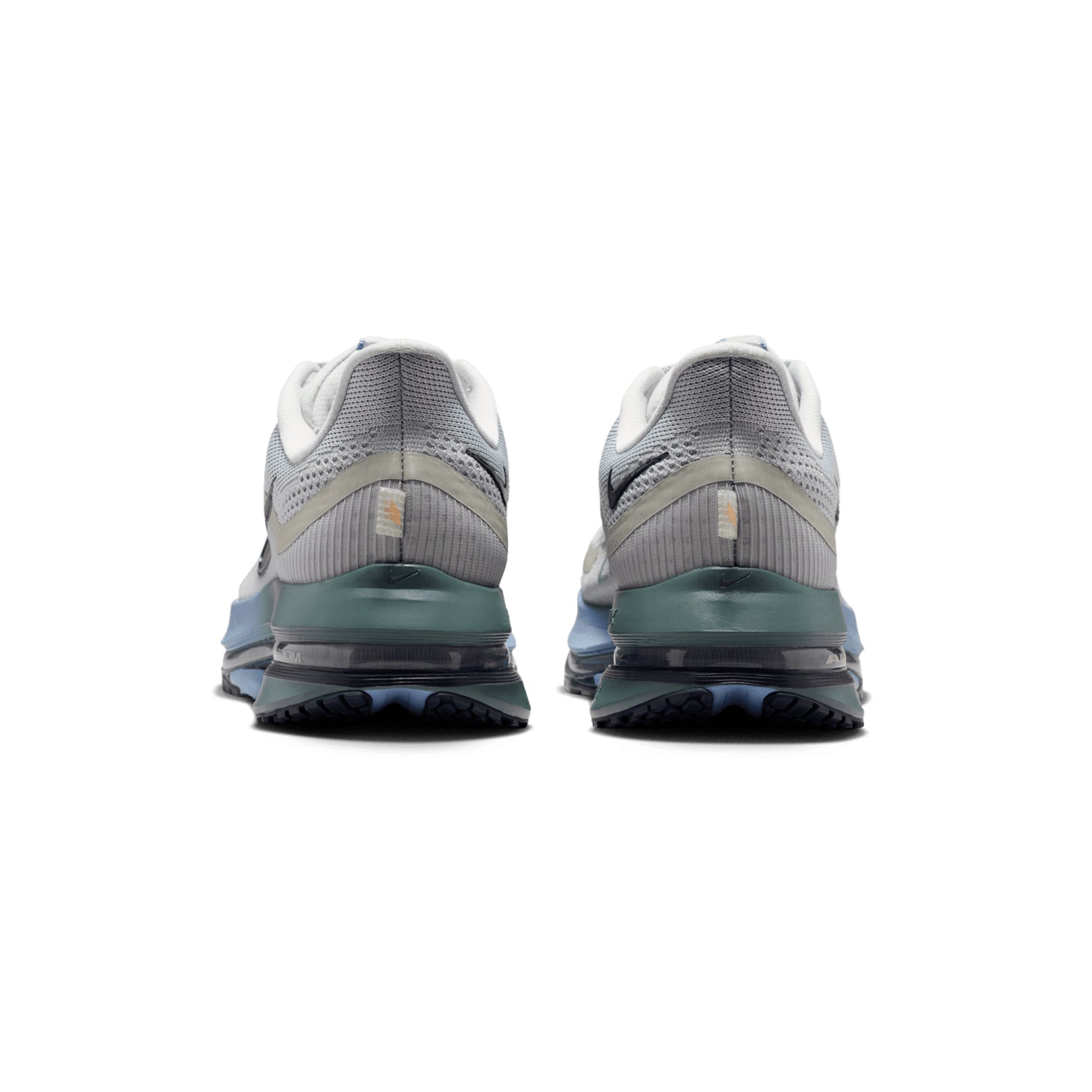 Nike Pegasus Premium men's running shoe in Grey Mist / Dark Obsidian / Mineral Slate — heel view showing structured support construction, mineral slate heel detailing and dark obsidian React foam midsole contrast