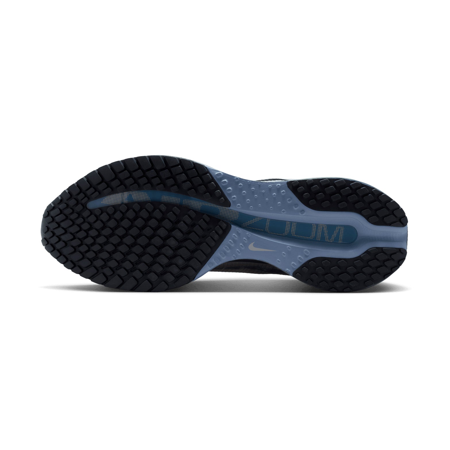 Nike Pegasus Premium men's running shoe in Grey Mist / Dark Obsidian / Mineral Slate — outsole view showing durable rubber tread pattern and dark obsidian React foam midsole stack profile