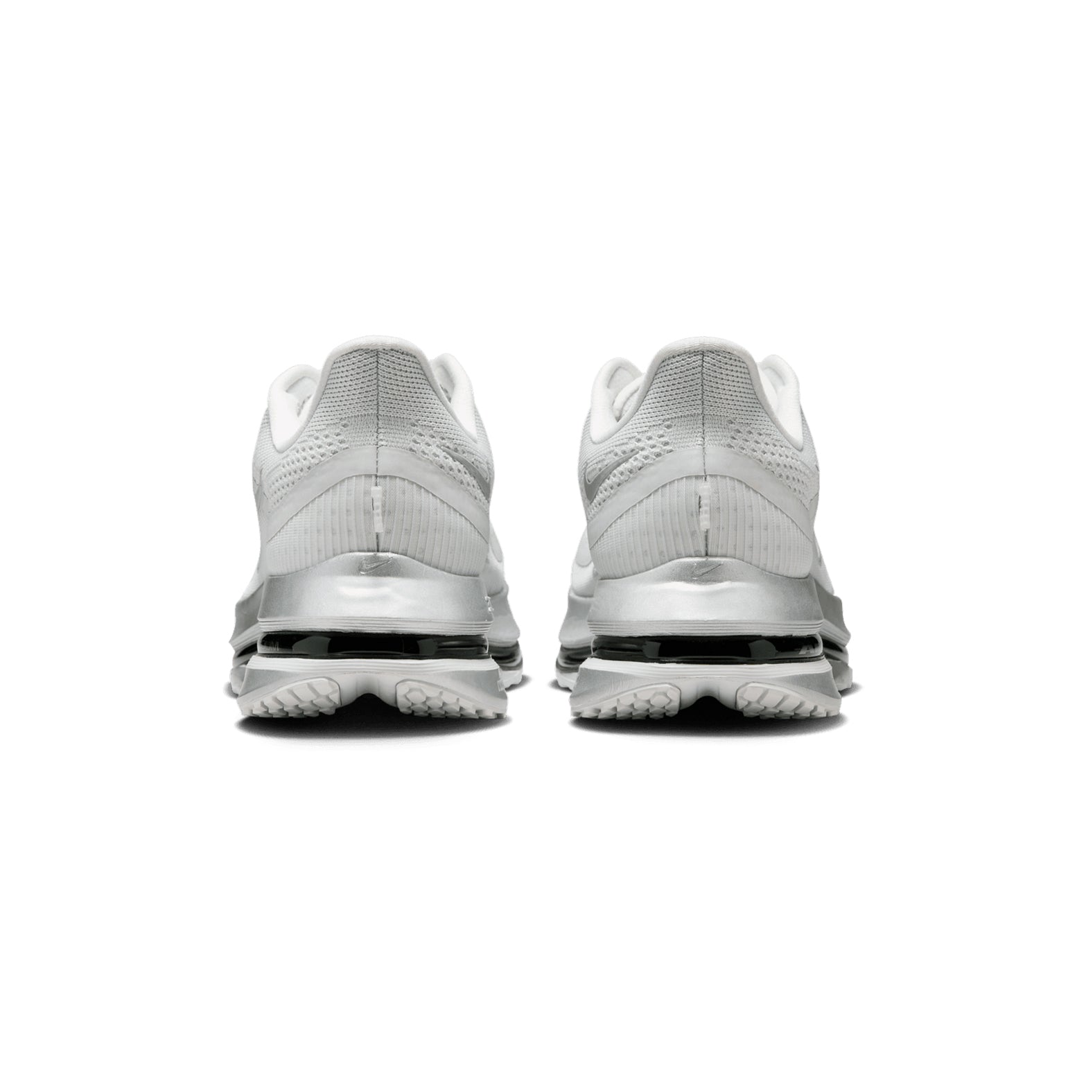 Nike Pegasus Premium men's running shoe in Photon Dust / Black / Metallic Silver — heel view showing circular knit heel construction, metallic silver detailing, reflective details and triple-stack midsole contrast