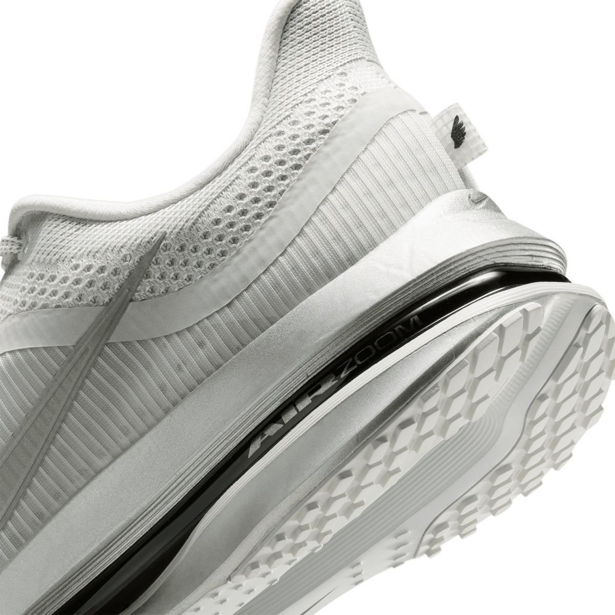 Nike Pegasus Premium men's running shoe in Photon Dust / Black / Metallic Silver — angled side view showing photon dust circular knit upper, metallic silver accent detailing and triple-stack ZoomX, Air Zoom and ReactX midsole profile