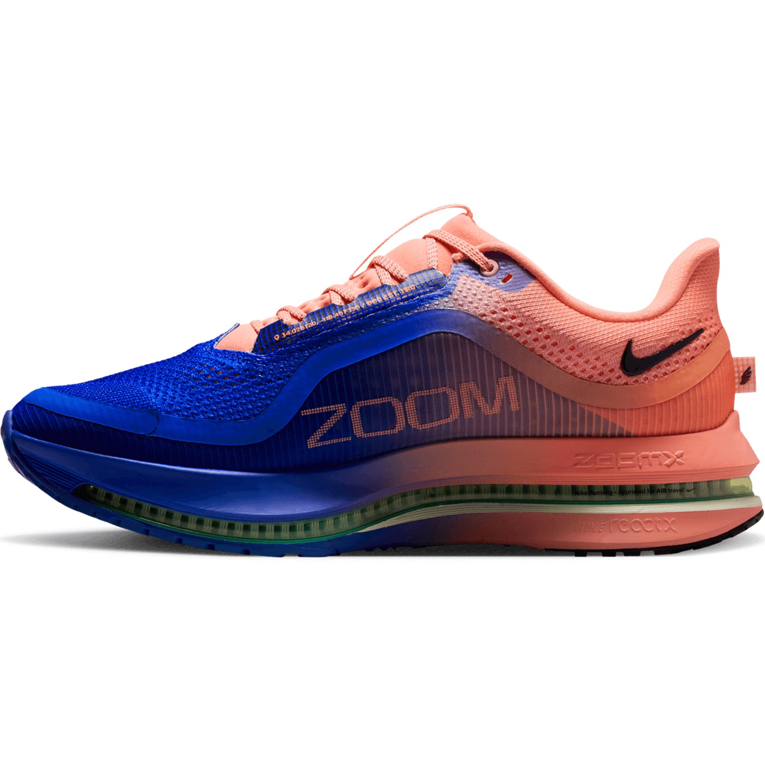 Men's Nike Pegasus Premium Running Shoes Racer Blue Atomic Pink Volt Tint inner side view showing ZoomX foam platform with Air Zoom technology for responsive impact protection