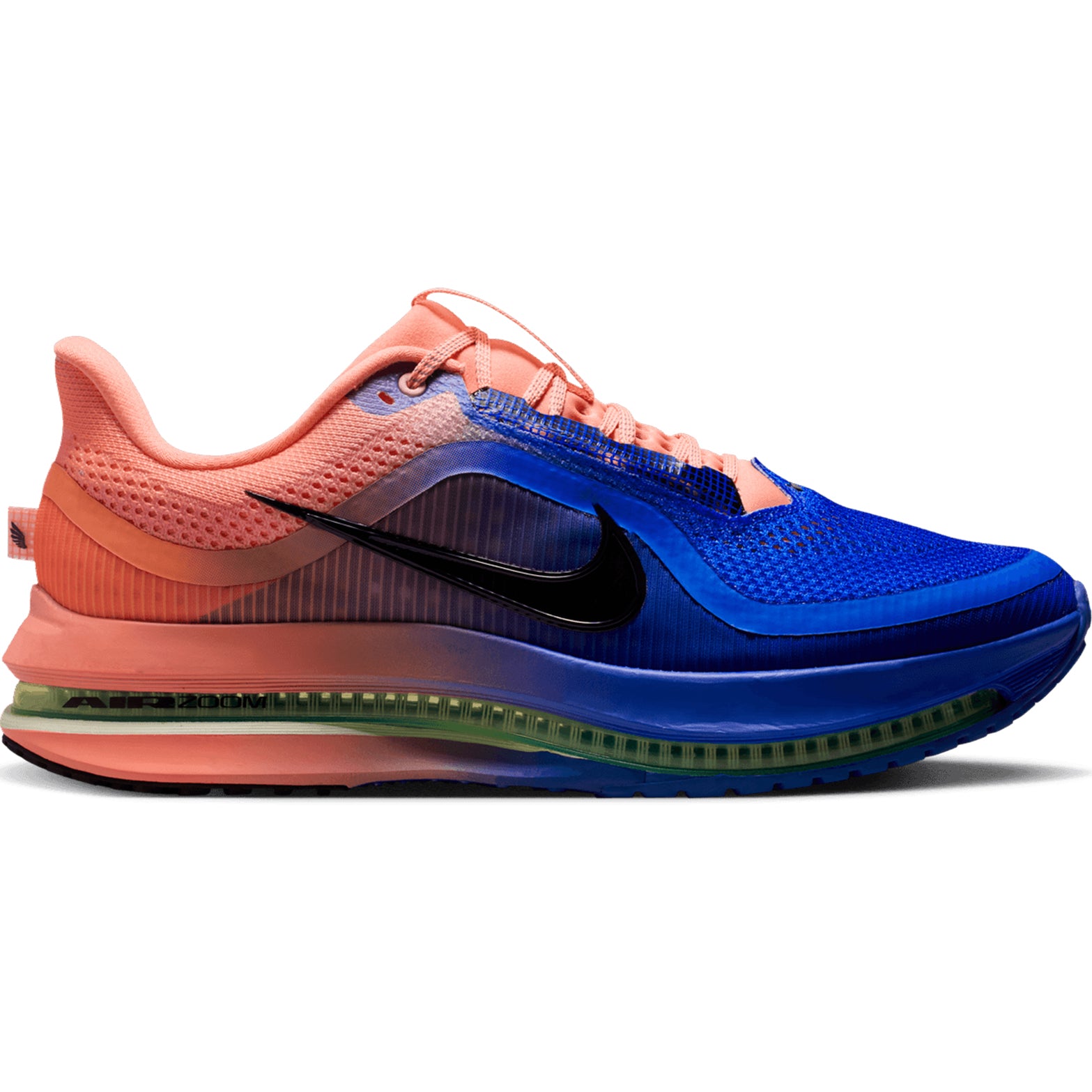 Men's Nike Pegasus Premium Running Shoes Racer Blue Atomic Pink Volt Tint outer side view showing dual Air Zoom units with full-length ZoomX foam for maximum cushioned daily running