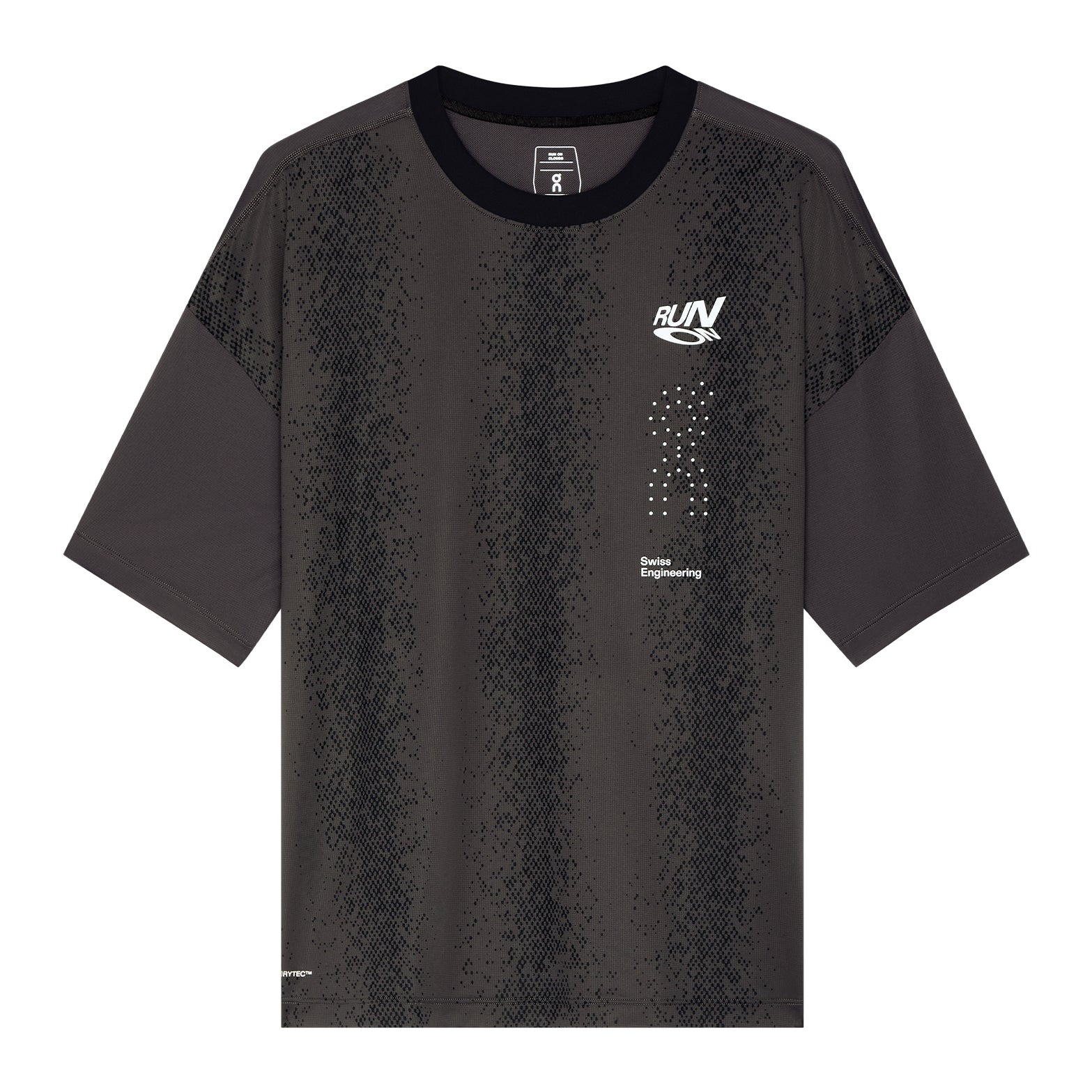 Men's On Performance Volt-T Iron product view showing relaxed fit with On DryTec quick-drying moisture-wicking fabric and expressive run-culture graphics