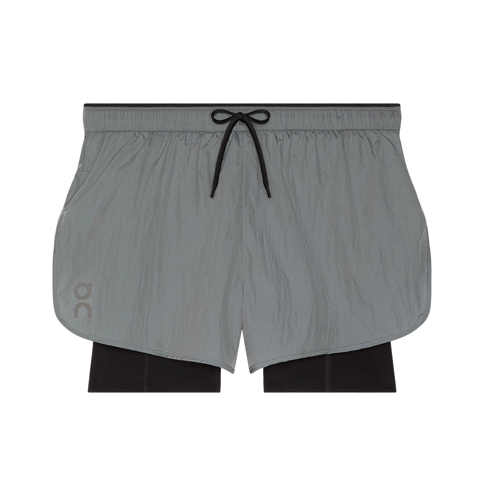 Men's On Performance Volt Shorts Glacier product view showing dual-layer construction with windproof water-repellent iridescent outer and supportive inner tights