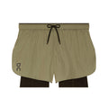 Men's On Performance Volt Shorts Safari product view showing dual-layer construction with windproof water-repellent iridescent outer and supportive inner tights