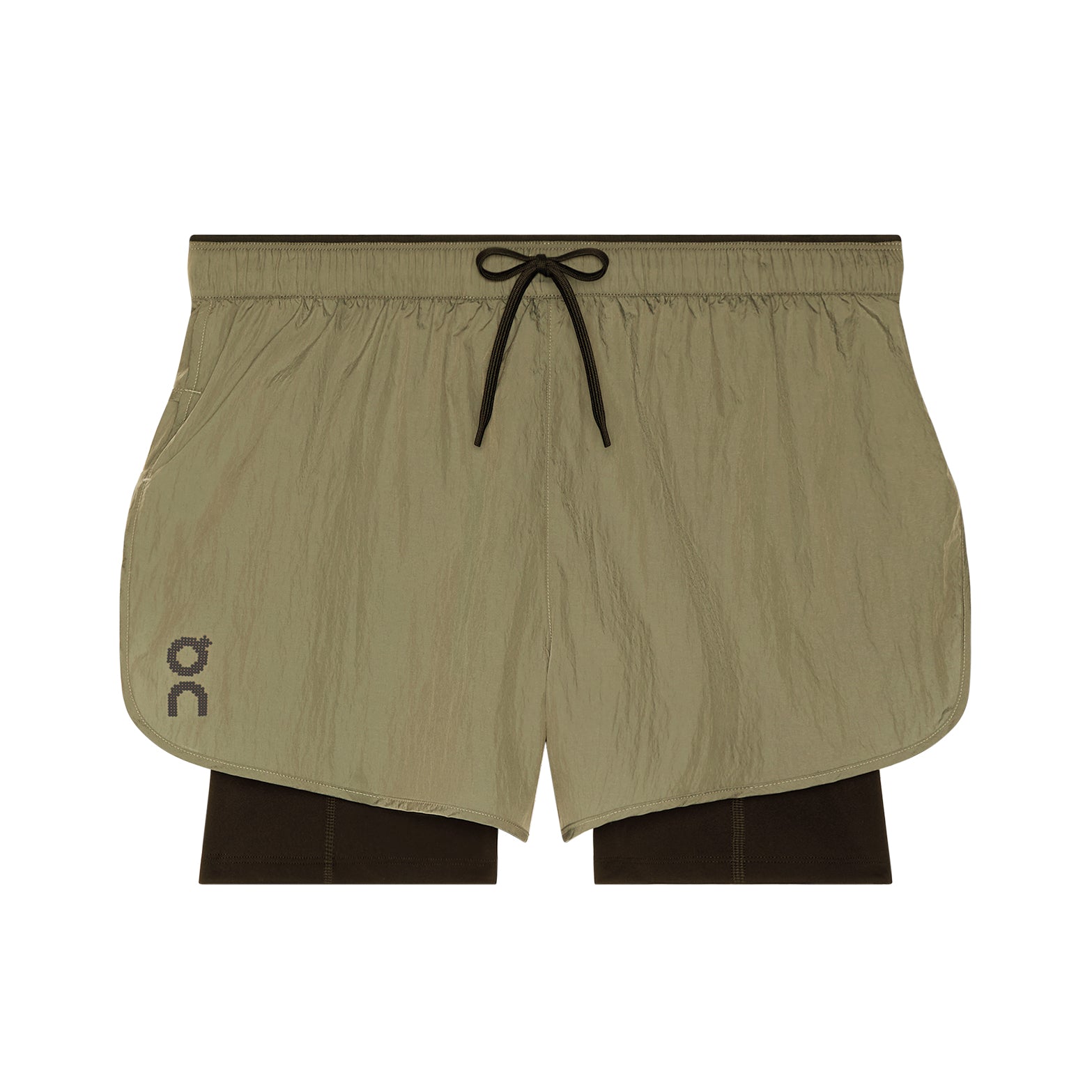 Men's On Performance Volt Shorts Safari product view showing dual-layer construction with windproof water-repellent iridescent outer and supportive inner tights