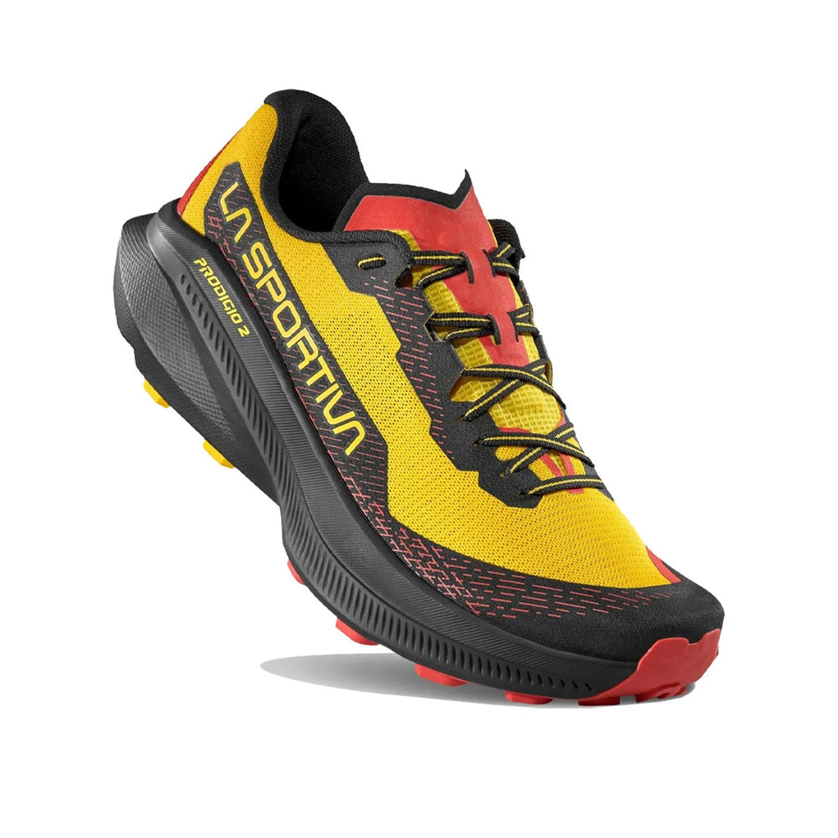 La Sportiva Prodigio 2 men's trail running shoe in Yellow / Black — angled view showing black heel cup construction, yellow nitrogen-injected XFlow™ foam midsole contrast and FriXion® Red outsole durability zone detail