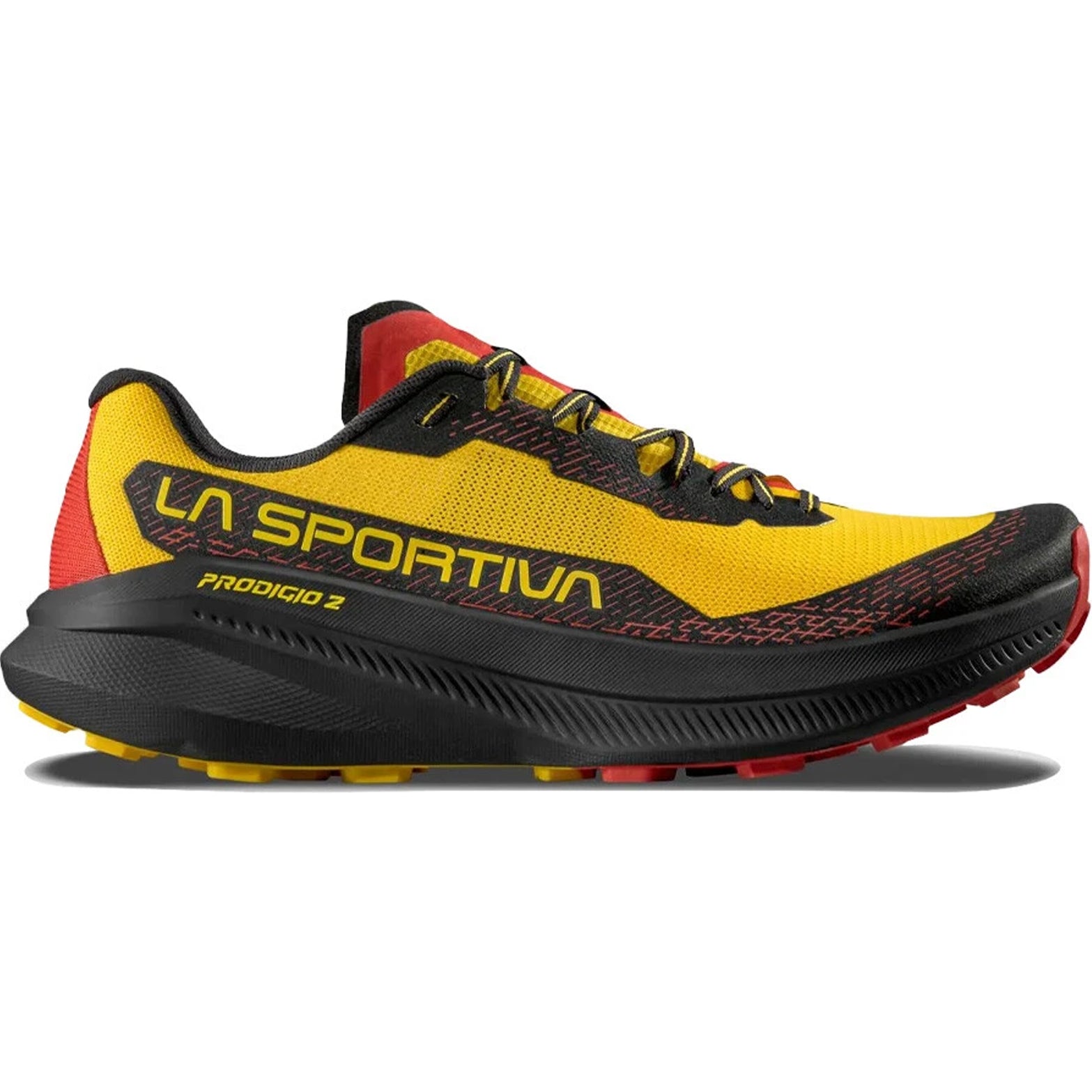 La Sportiva Prodigio 2 men's trail running shoe in Yellow / Black — outer view showing yellow breathable high-tenacity 3D mesh upper with black accent detailing and nitrogen-injected XFlow™ foam midsole profile