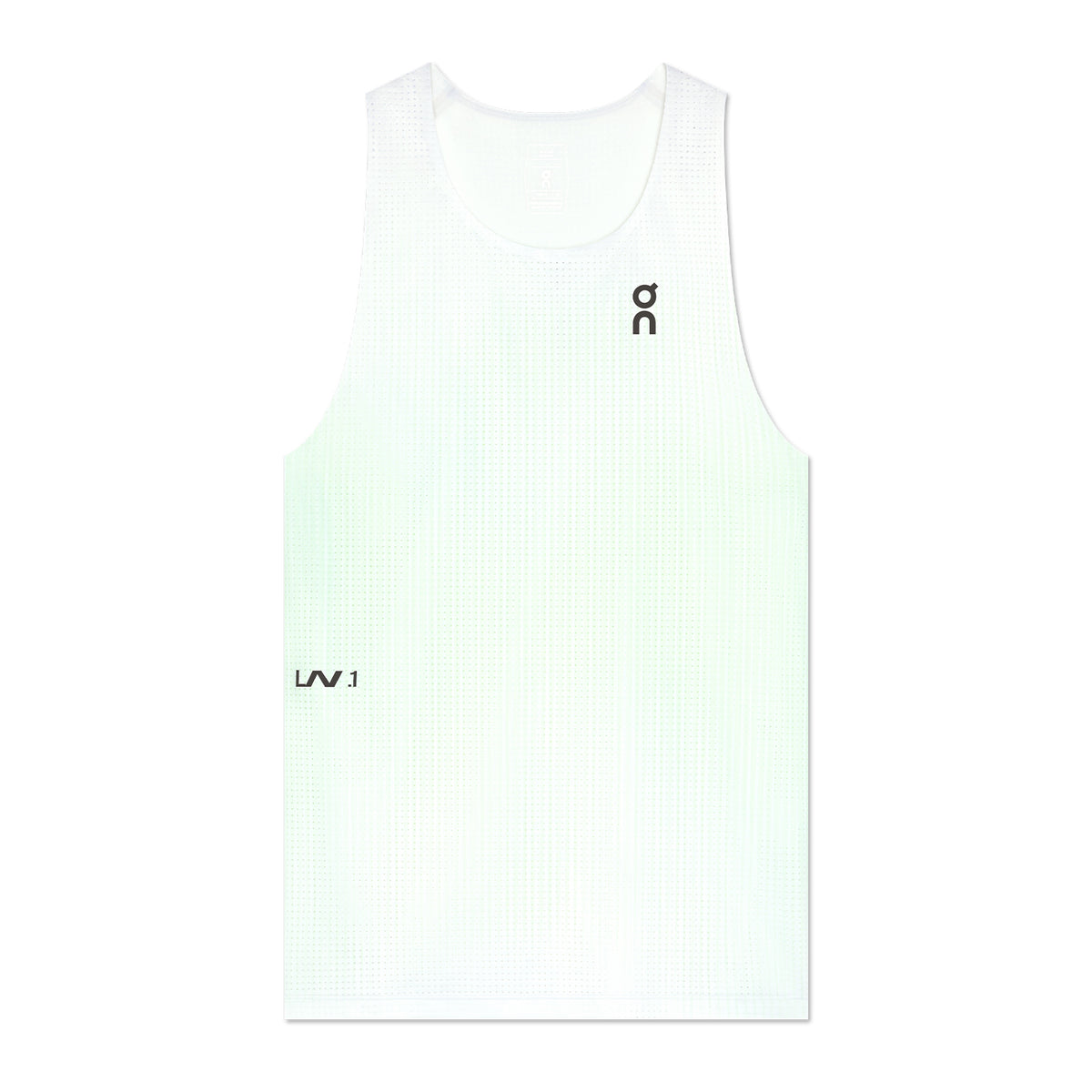 The On Men’s Race Singlet LN1 Fresco is an ultralight, sleeveless white athletic tank top made with small mesh holes for breathability. It features a black On logo on the left chest and “LW / 1” on the lower right side. Designed as a race singlet with DryTec moisture-wicking technology, this running top keeps you cool and dry during intense workouts. The background is plain white.