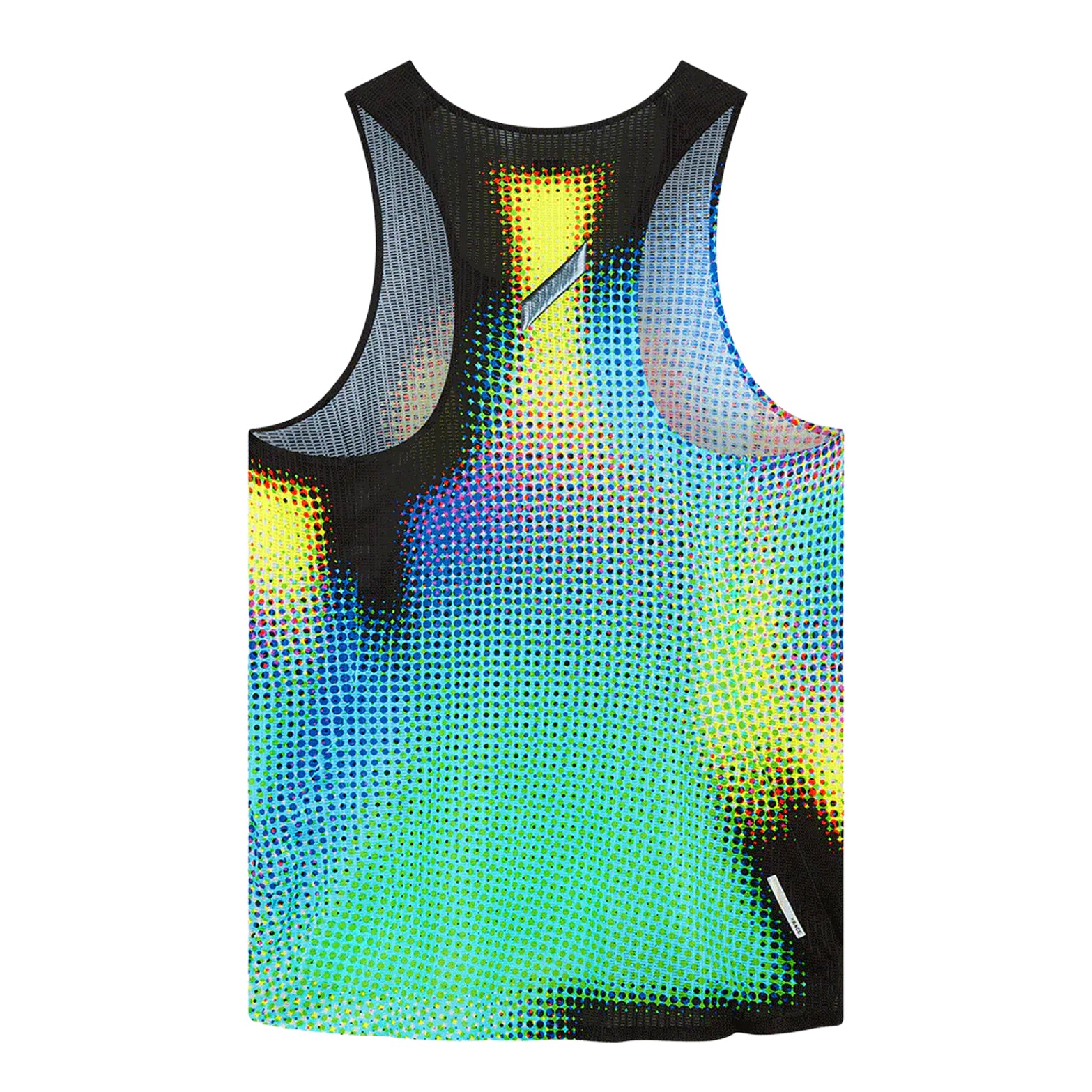 Men's Soar Race Vest 2.0 Tropical Dot back view showing deeper back cut, film-bonded notched side split and 3D wicking Italian fabric
