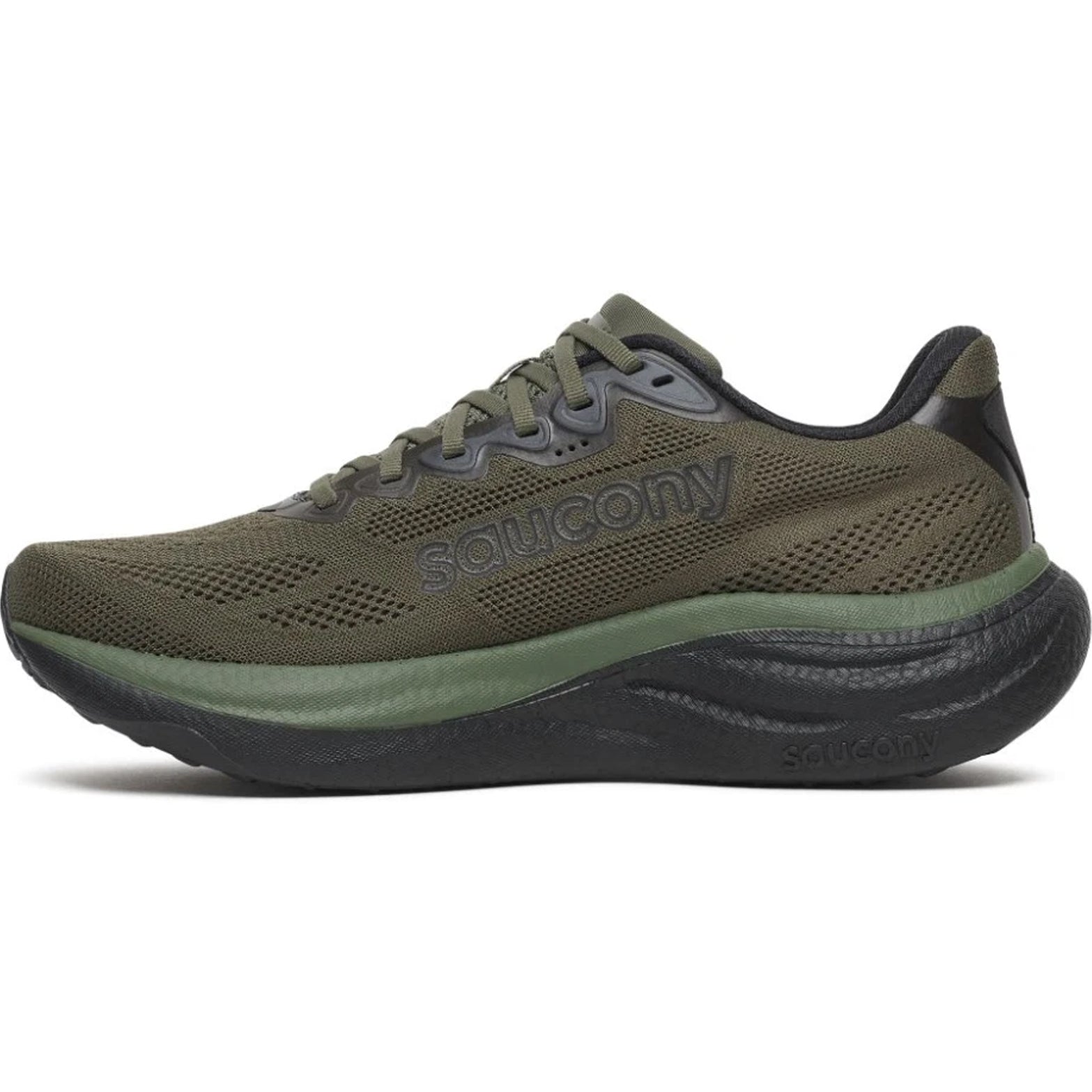 Men's Saucony Ride 19 Running Shoes Fatigue Black inner side view showing plush PWRRUN+ cushioning with engineered mesh upper for responsive comfortable road running
