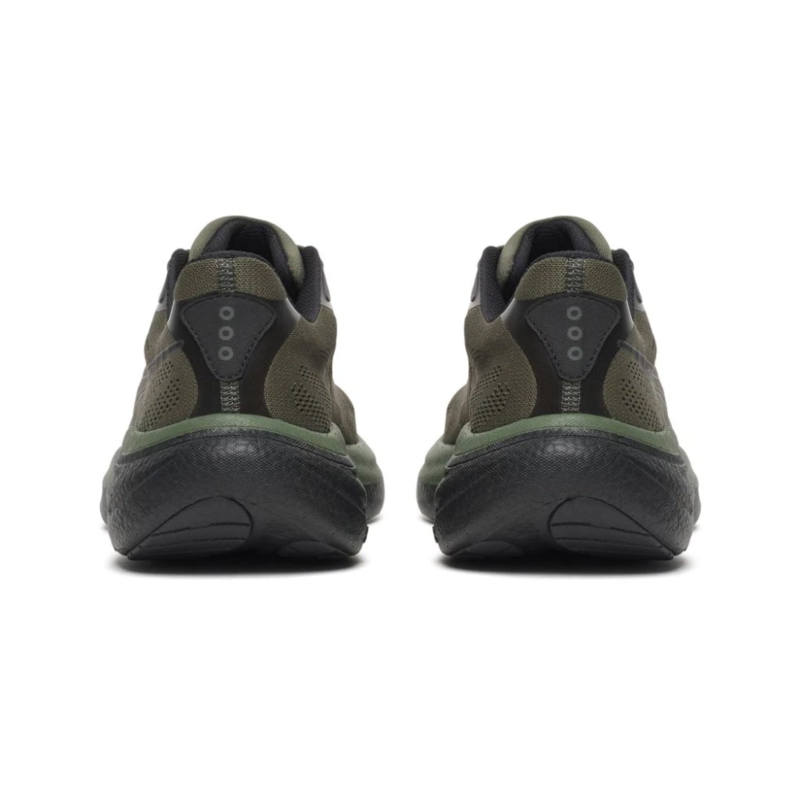 Men's Saucony Ride 19 Running Shoes Fatigue Black heel view showing cushioned heel collar with reformulated PWRRUN+ foam for plush comfortable everyday running