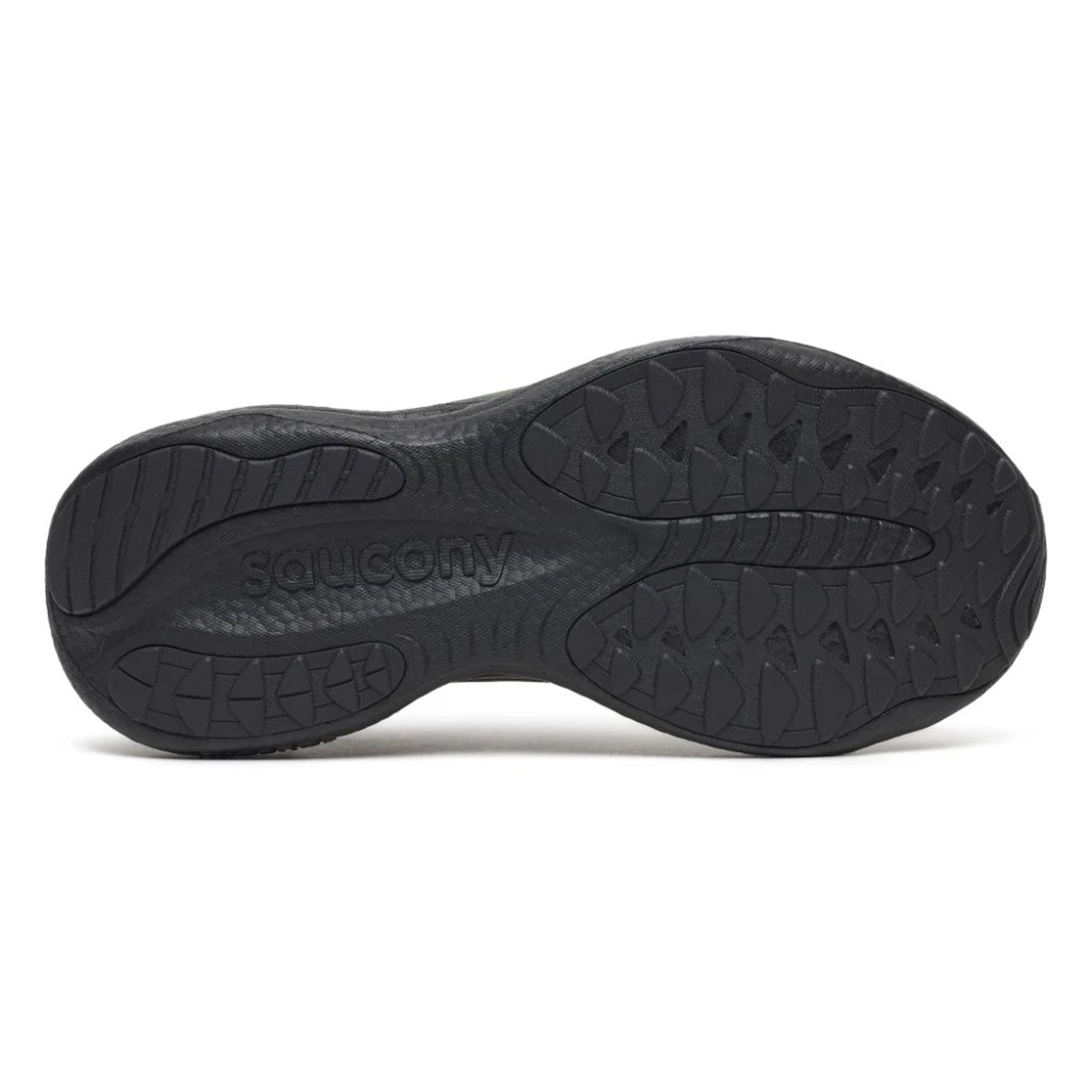 Men's Saucony Ride 19 Running Shoes Fatigue Black sole view displaying added flex grooves with enhanced forefoot durability for seamless stride transitions during daily training