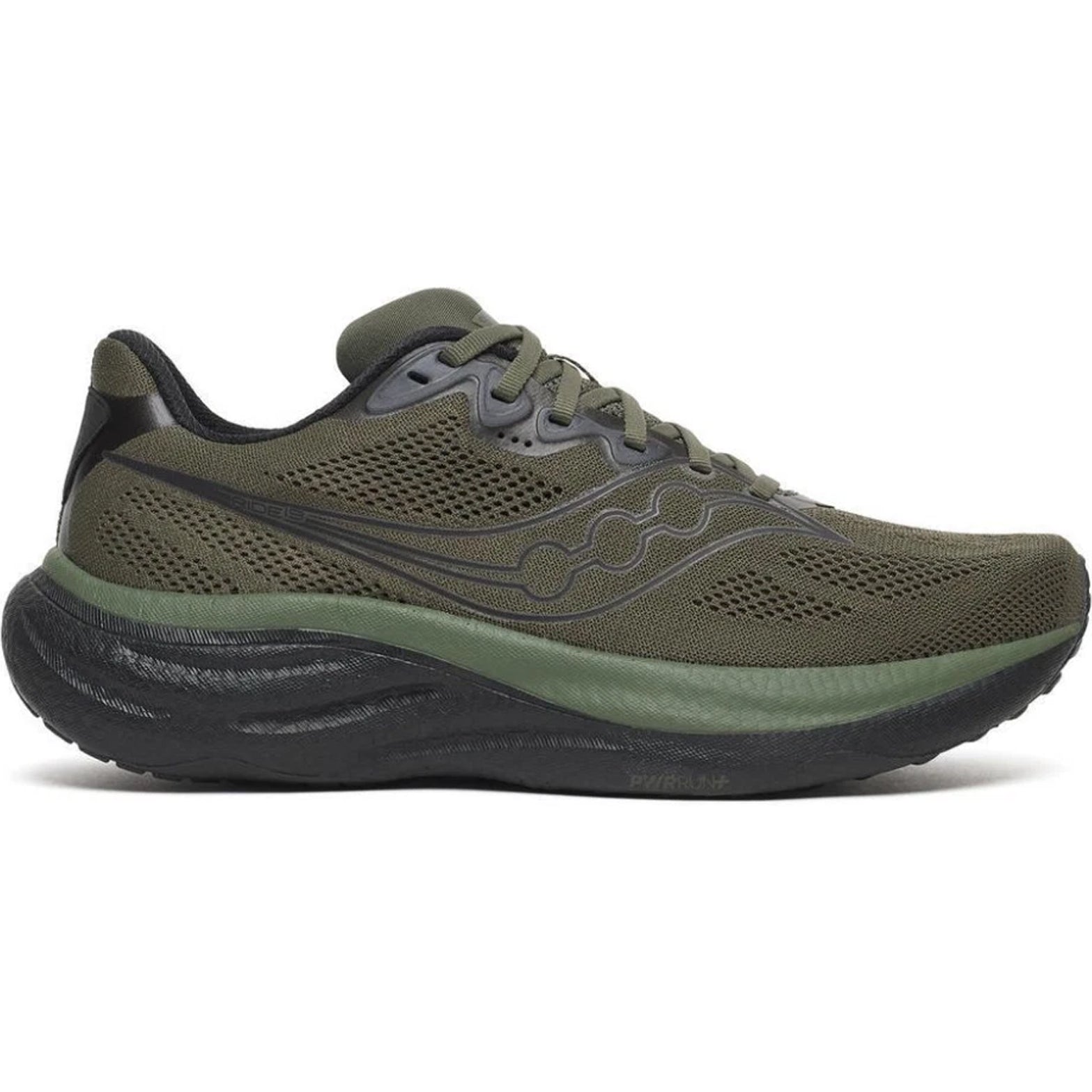 Men's Saucony Ride 19 Running Shoes Fatigue Black outer side view showing reformulated PWRRUN+ foam with added flex grooves for versatile daily training runs