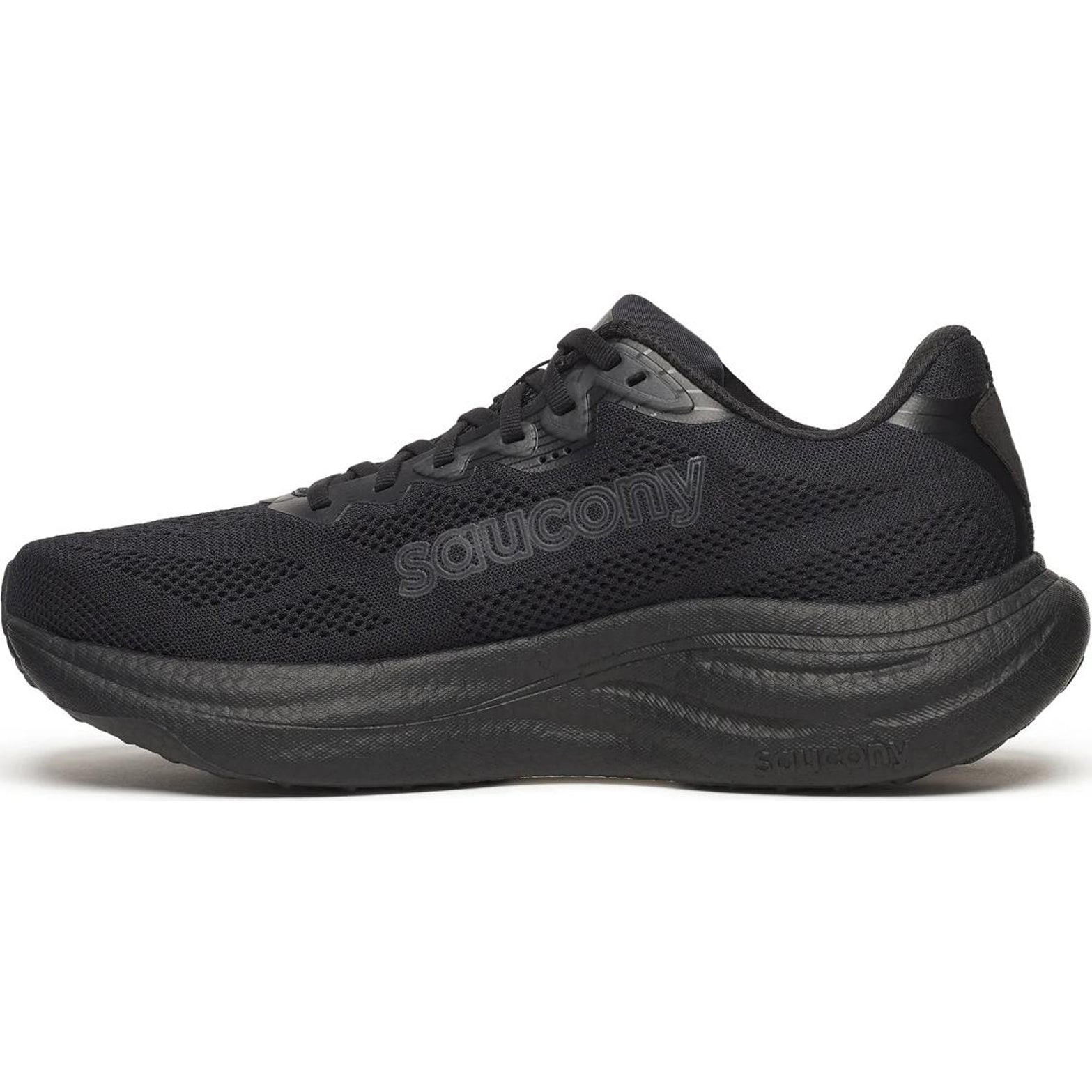 Men's Saucony Ride 19 Running Shoes Triple Black inner side view showing neutral cushioning platform for smooth road running