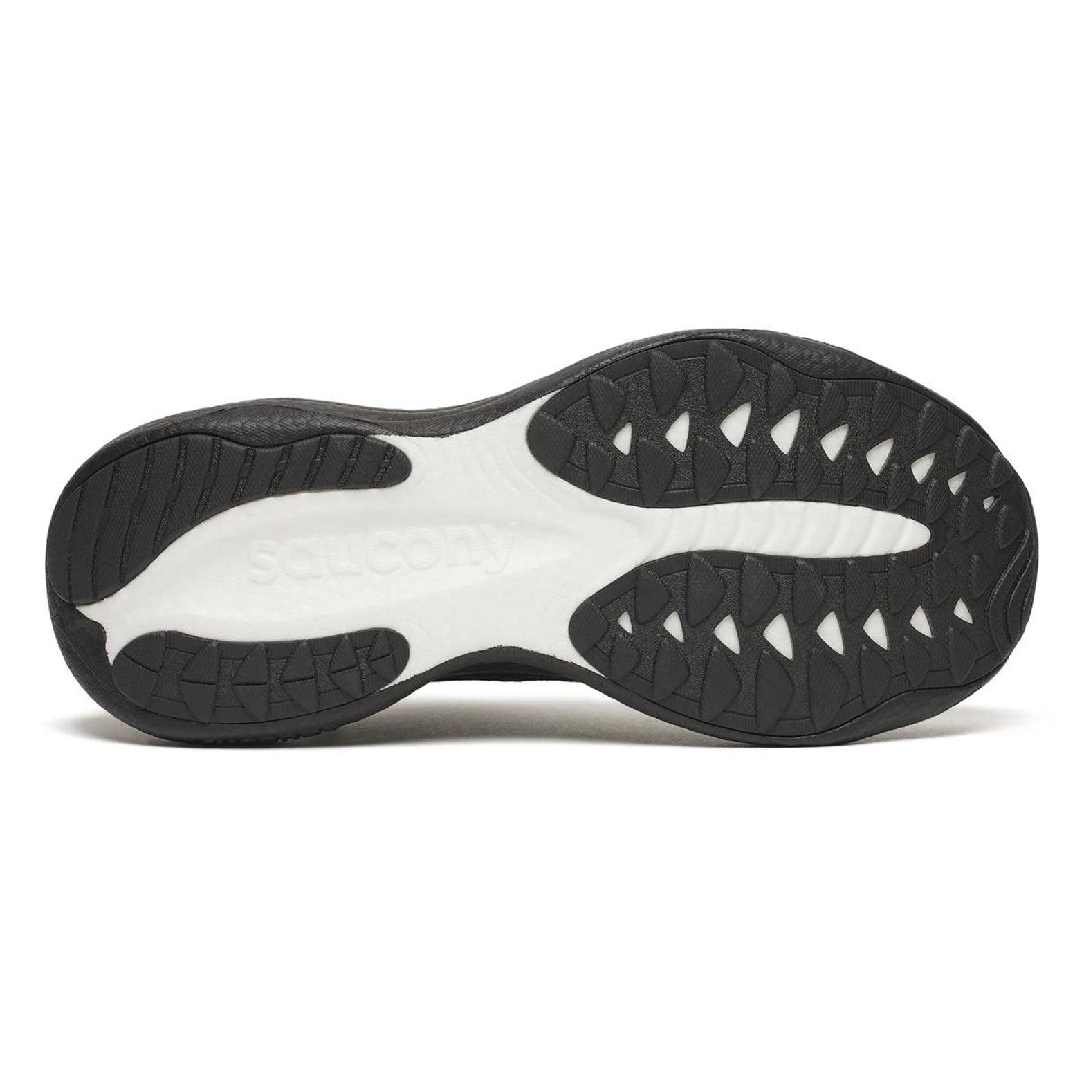 Men's Saucony Ride 19 Running Shoes Triple Black sole view displaying durable outsole with road traction pattern for daily training