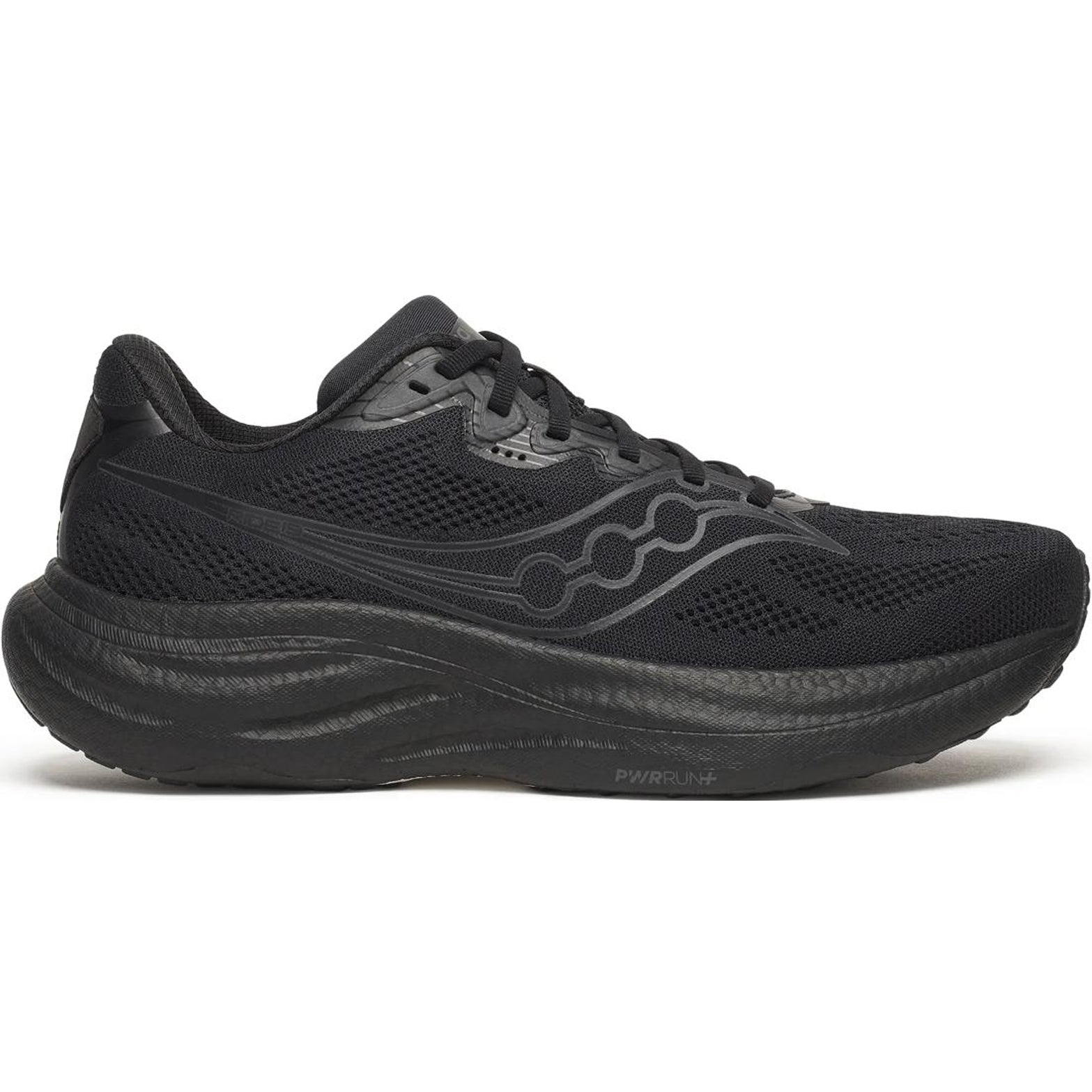 Men's Saucony Ride 19 Running Shoes Triple Black outer side view showing cushioned midsole construction for comfortable daily training runs