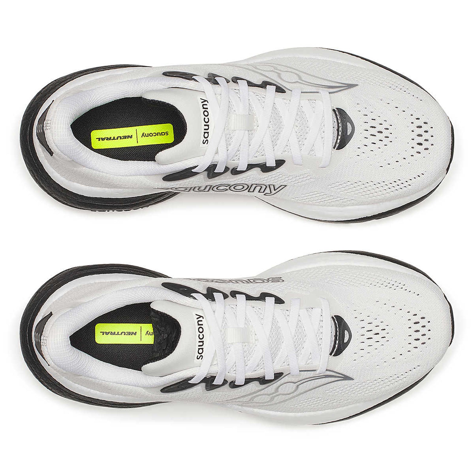 Men's Saucony Ride 19 Running Shoes White Black pair top view showing stretch engineered mesh upper and lacing system