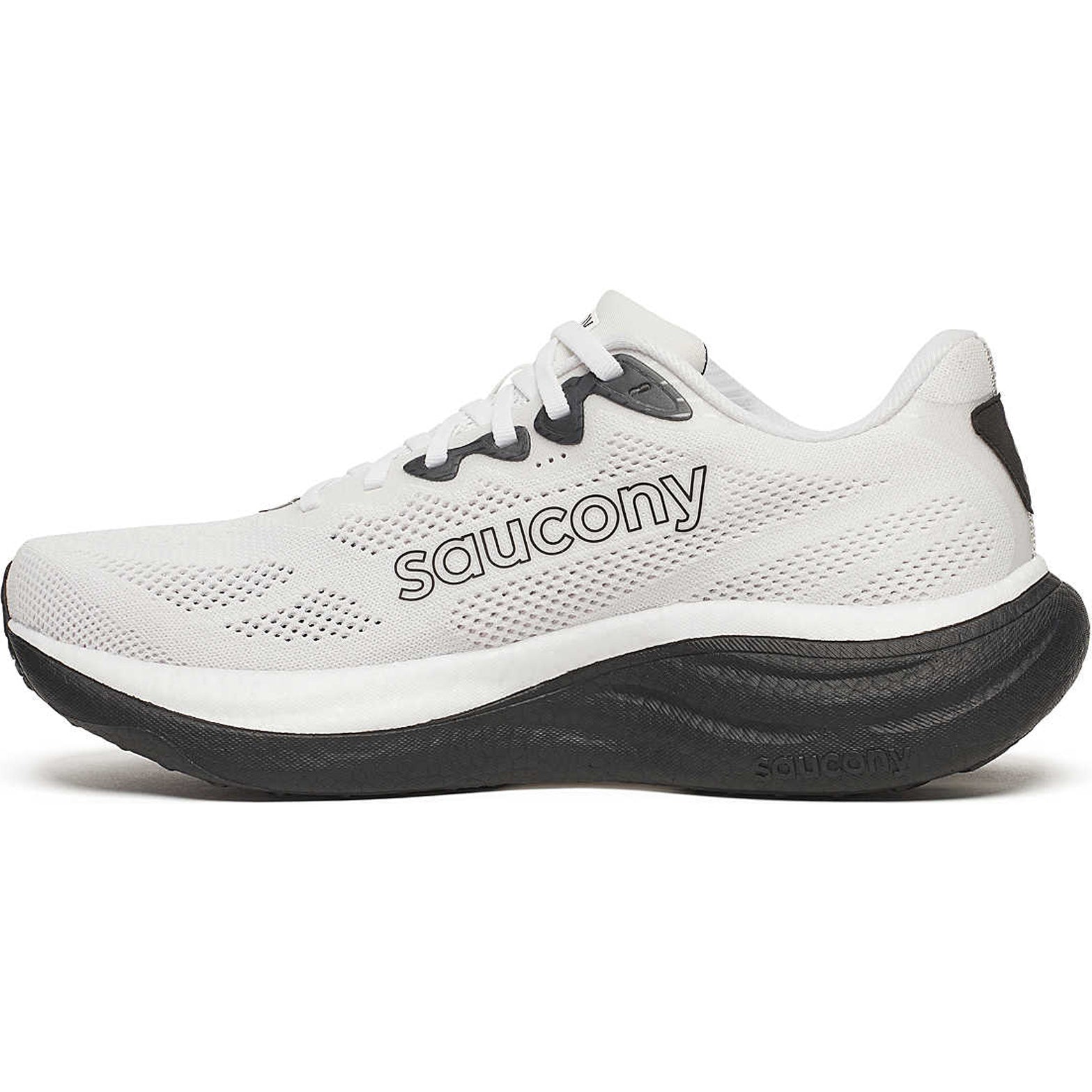 Men's Saucony Ride 19 Running Shoes White Black inner side view showing PWRRUN+ cushioning stack and cushioned heel collar