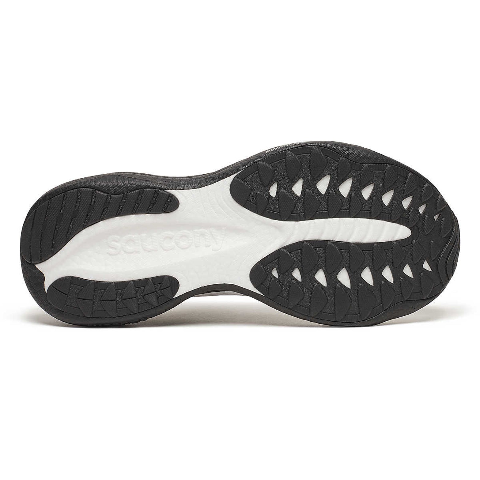 Men's Saucony Ride 19 Running Shoes White Black sole view displaying flex grooves and enhanced forefoot durability