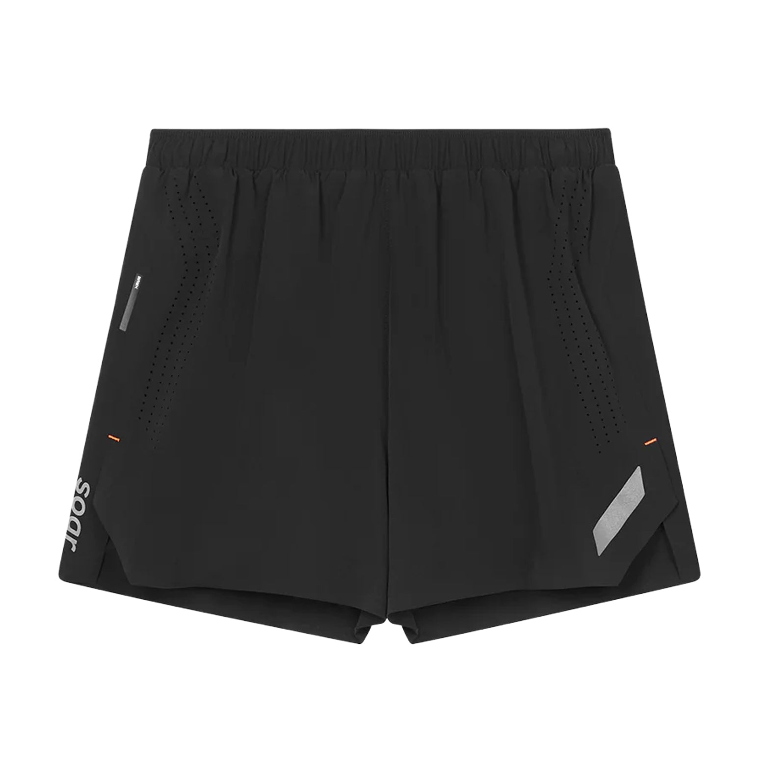 Men's Soar Run Shorts Black front view showing relaxed mid-thigh fit, laser-cut ventilation and notched hem detail