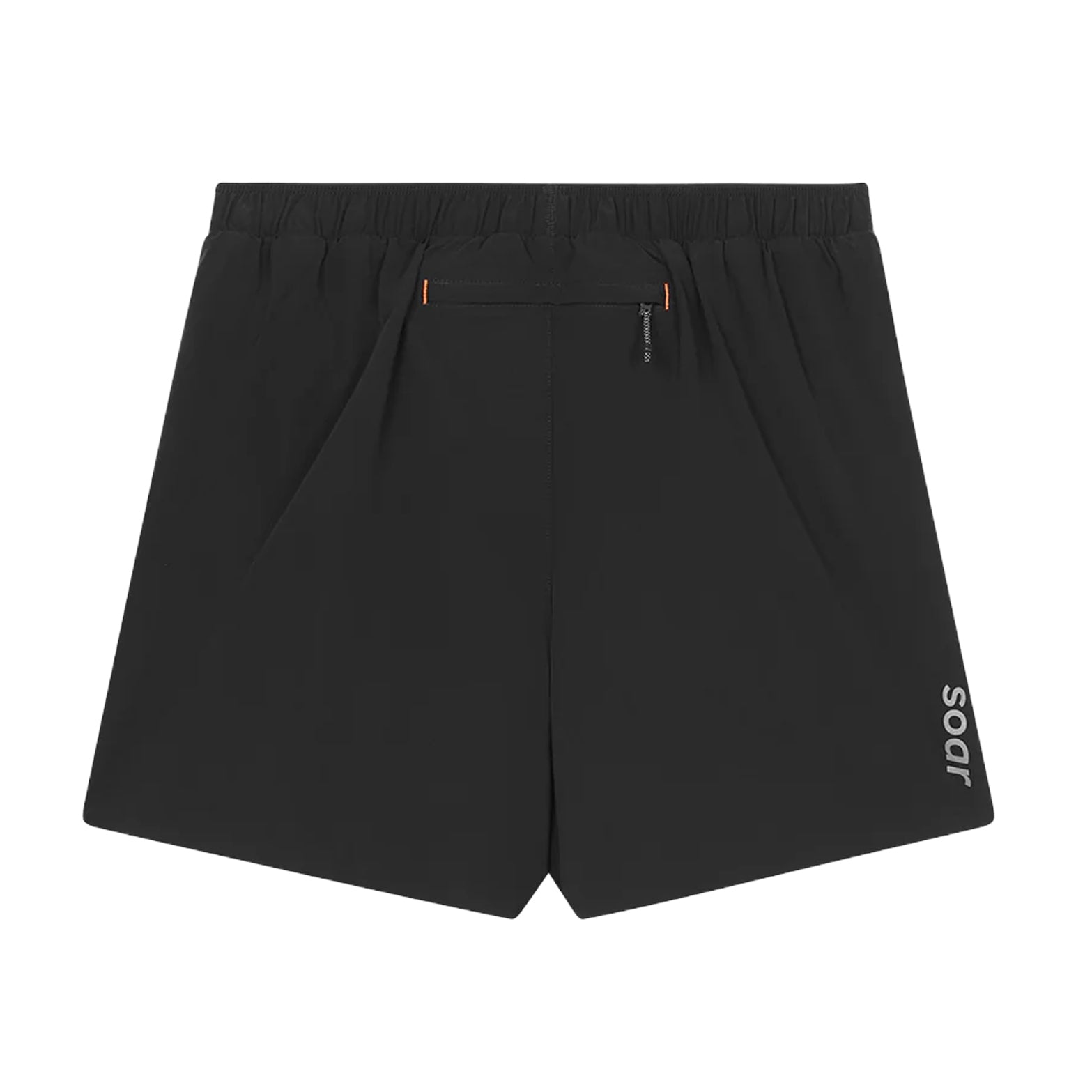 Men's Soar Run Shorts Black back view showing zipped rear pocket, bonded hem and reflective logo detail