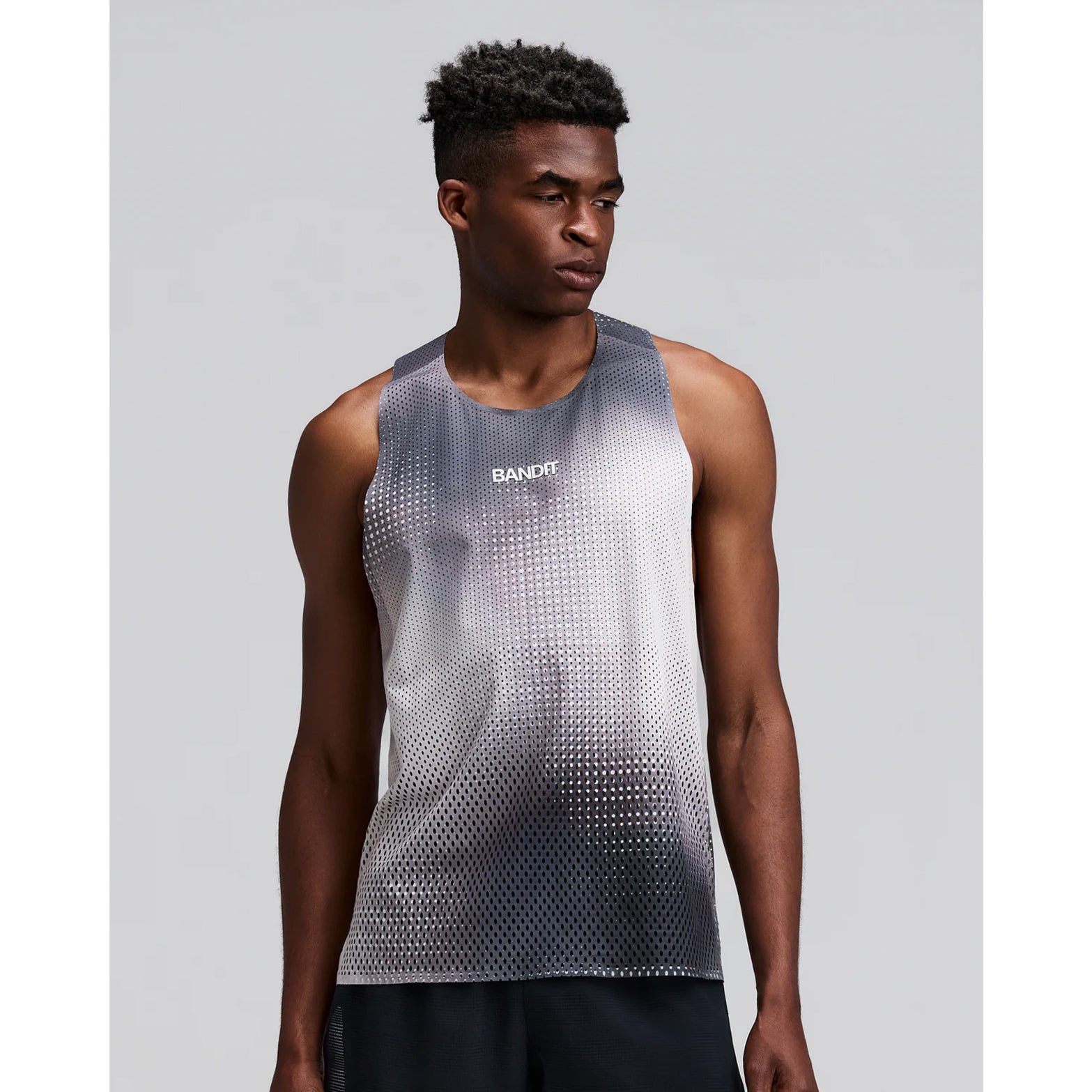 Men's Bandit Shredder Race Singlet with Flopack Slate Multi front view on male runner showing Shredder gradient mesh with high neckline and two-tone reflective graphics for race day breathability