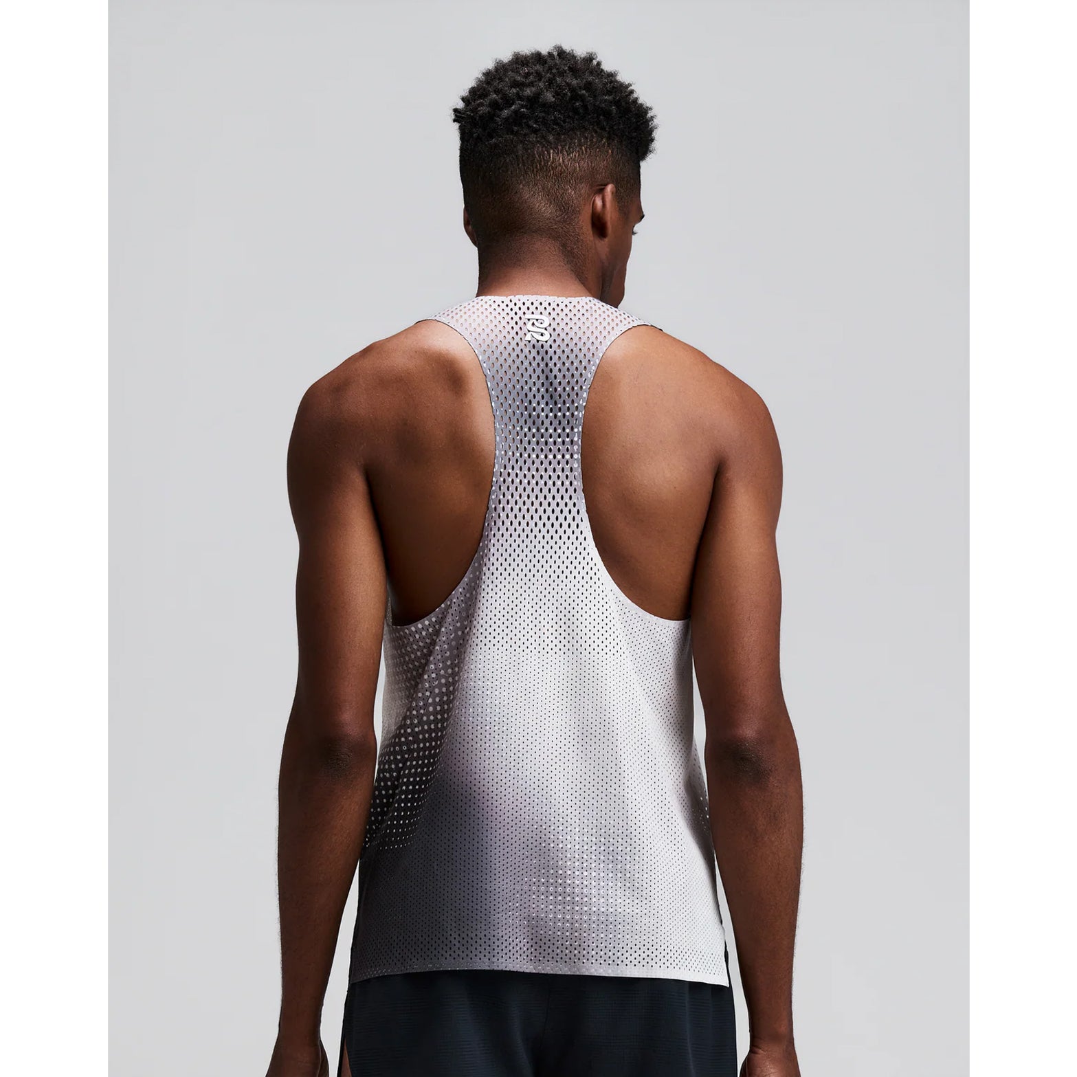 Men's Bandit Shredder Race Singlet with Flopack Slate Multi back view on male runner showing Flopack bonded slits with pop-colour tape along back seams for enhanced airflow during racing