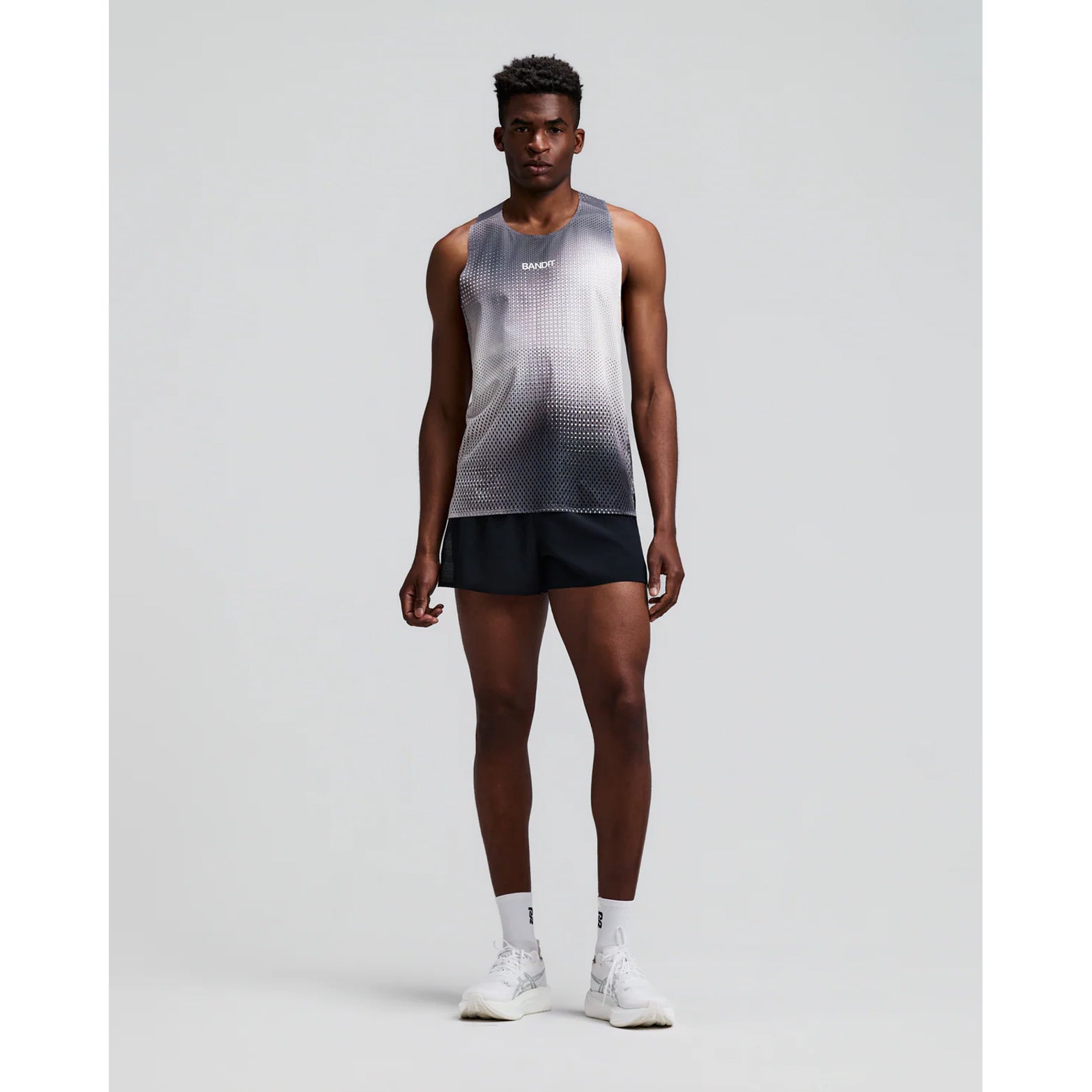 Men's Bandit Shredder Race Singlet with Flopack Slate Multi front full body view on male runner showing Shredder gradient mesh with high neckline, racer back and side slits for race day performance