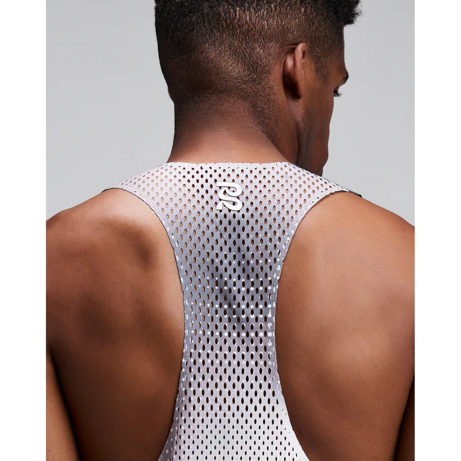 Men's Bandit Shredder Race Singlet with Flopack Slate Multi close-up of back showing Flopack bonded slit system with pop-colour tape for enhanced airflow channels during sustained race efforts