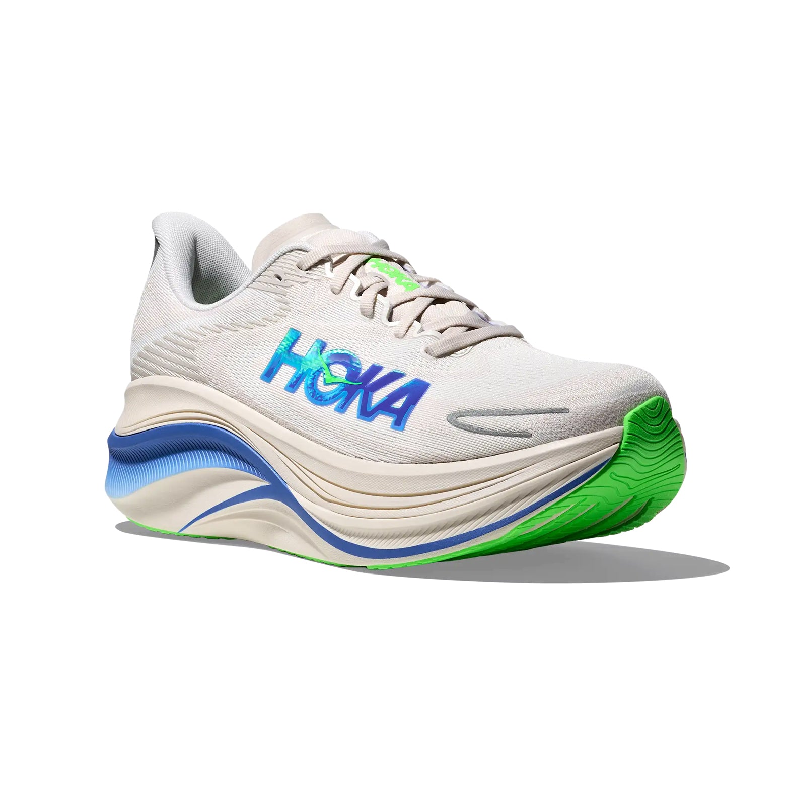 HOKA Skyward X 2 men's running shoe in Grout / Cobalt — top-down view showing grout creel jacquard upper, zonally padded tongue, tongue lace loop and lace closure with cobalt accent detailing