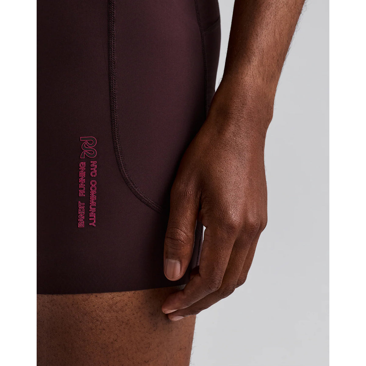 Men's Bandit SoLite Quarter Tights Espresso close-up of GripDot hem showing world's most trusted grip tape technology preventing ride-up during running
