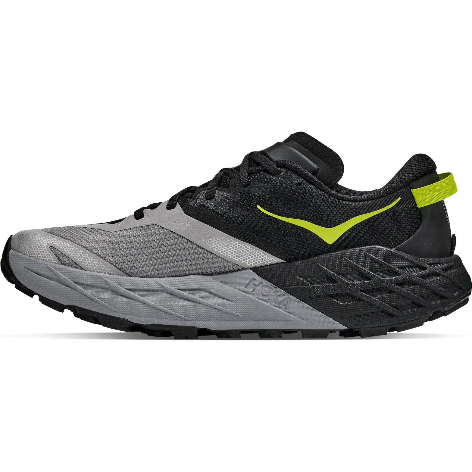 Men's HOKA Speedgoat 7 Trail Running Shoes Black Stellar Grey inner side view showing maximum cushioning platform with trail-focused construction for comfortable off-road running