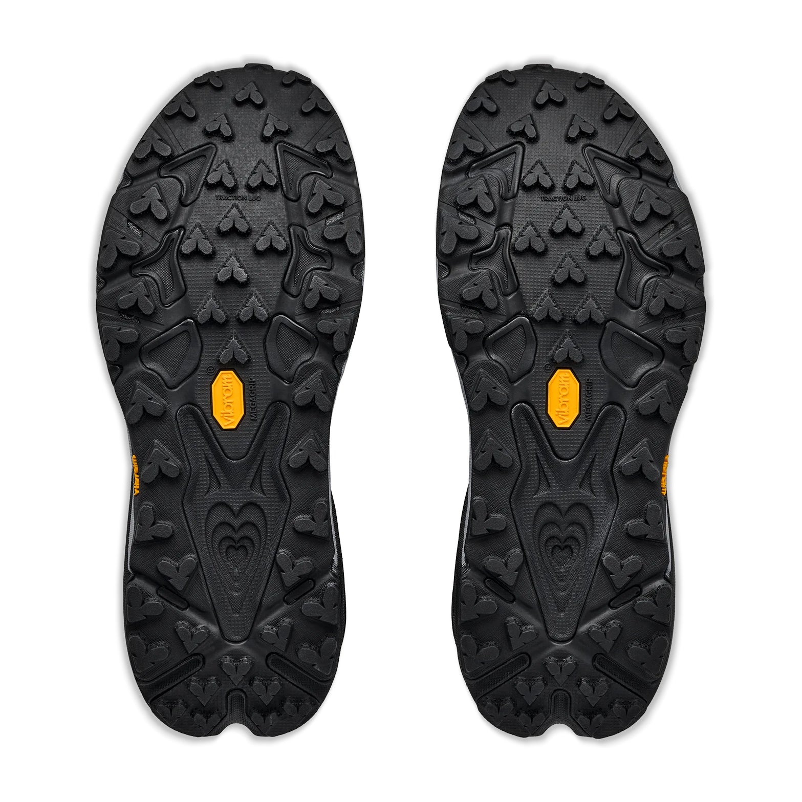 Men's HOKA Speedgoat 7 Trail Running Shoes Black Stellar Grey sole view displaying Vibram Megagrip outsole with aggressive lug pattern for maximum traction on technical trail terrain