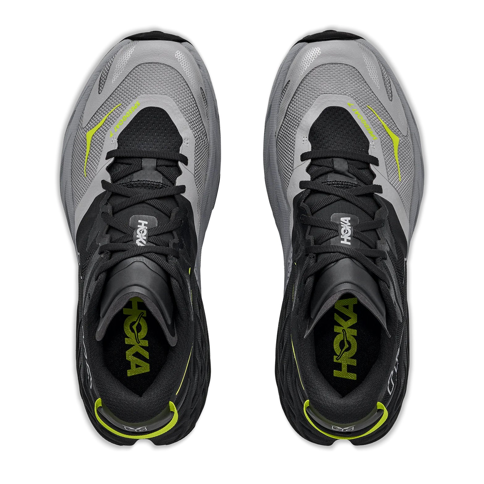 Men's HOKA Speedgoat 7 Trail Running Shoes Black Stellar Grey top view showing breathable trail upper construction with secure fit for technical mountain running