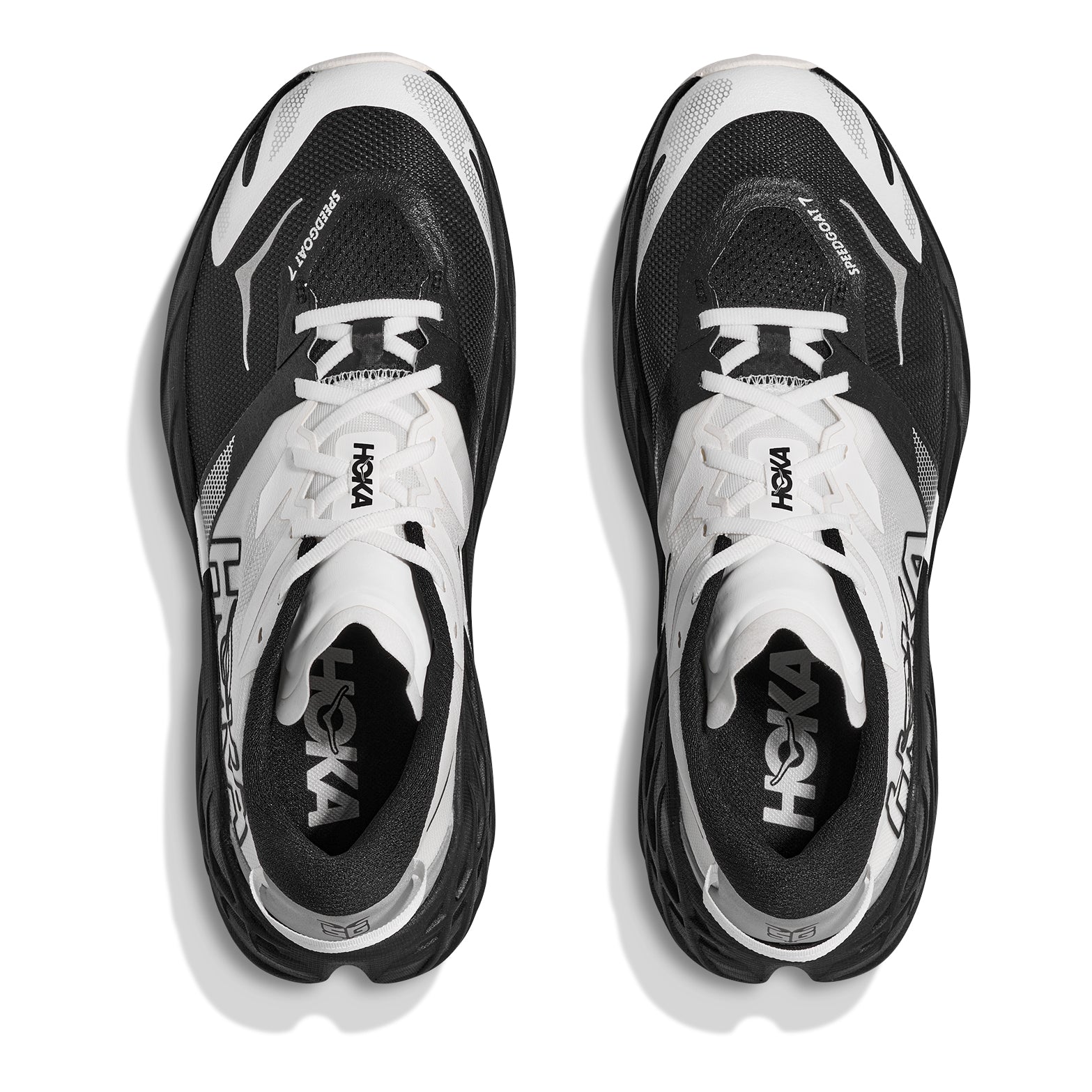 Men's Speedgoat 7 Trail Running Shoes Black White top view showing dynamic vamp and lay-flat tongue