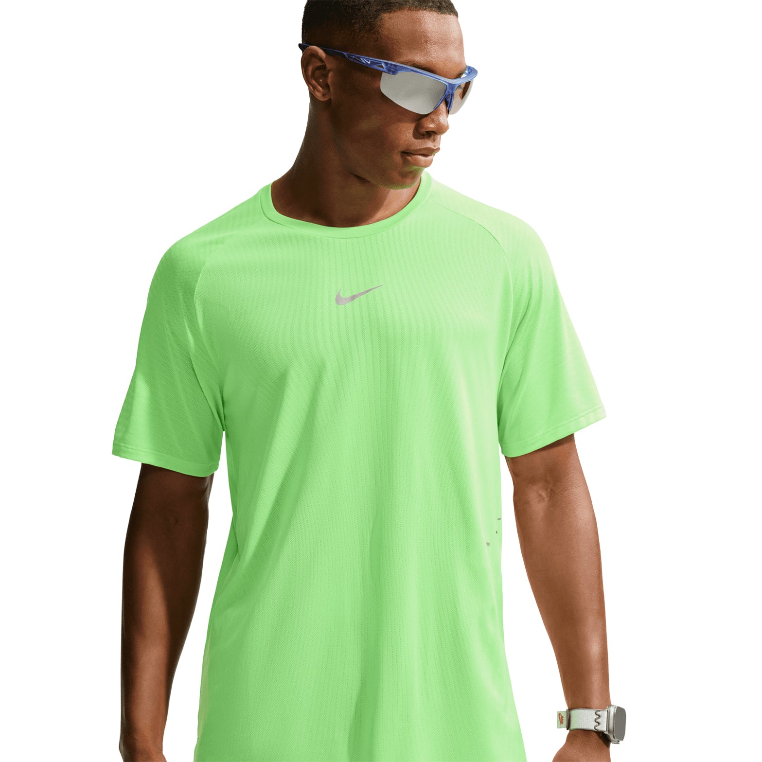 Men's Nike Stride Aero-FIT Running Tee Volt Light Silver front view on male runner showing Aero-FIT mesh zones with lightweight knit for maximum breathability and cooling during warm weather running