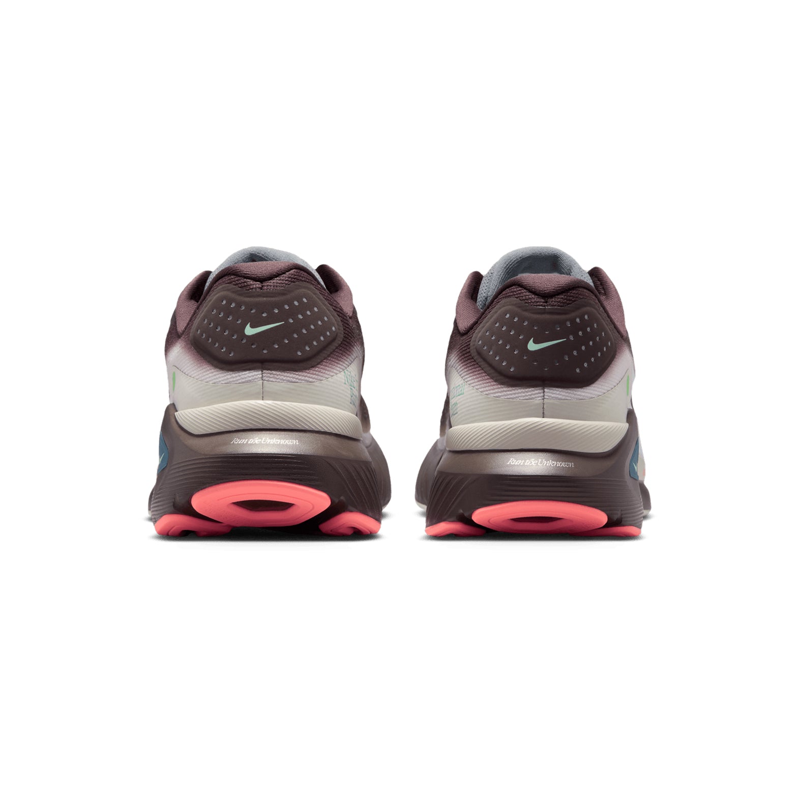Men's Nike Structure 26 Running Shoes Baroque Brown Ironstone Sea Glass White heel view showing double-stacked ZoomX and ReactX foam with midfoot support system for Nike's most cushioned stability shoe