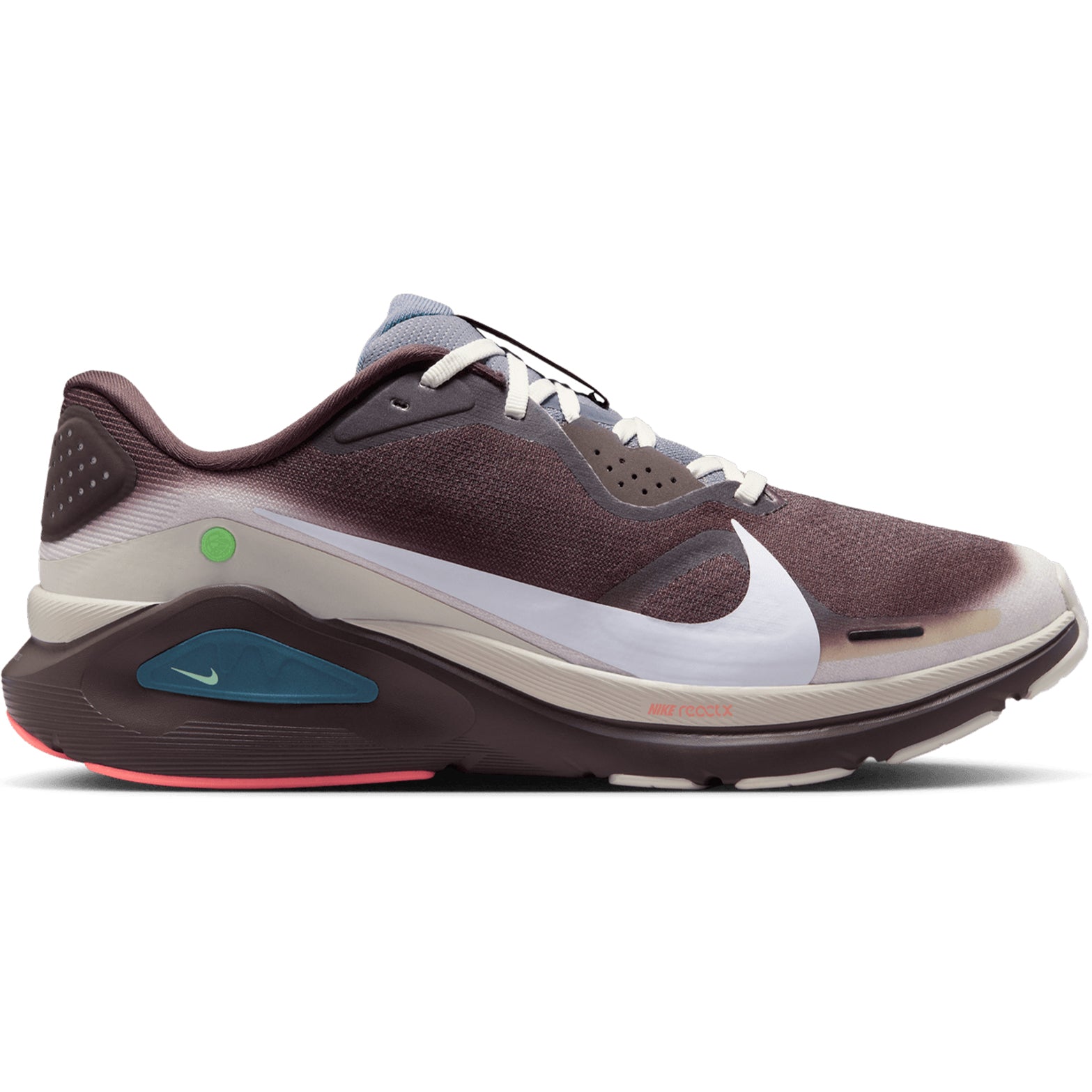 Men's Nike Structure 26 Running Shoes Baroque Brown Ironstone Sea Glass White outer side view showing double-stacked ZoomX and ReactX foam with midfoot support system for cushioned stability running