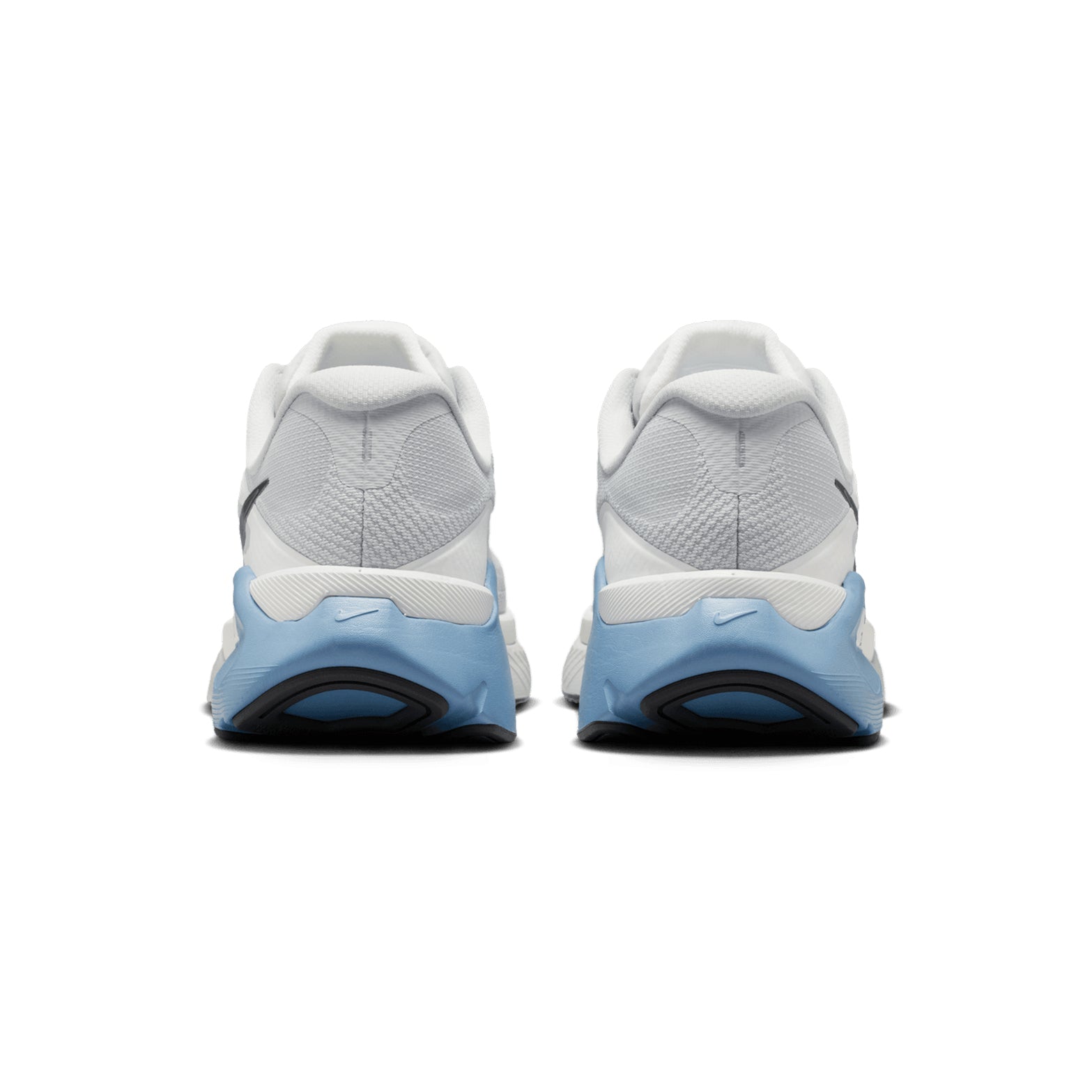 Nike Structure Plus men's running shoe in Grey Fog / Medium Ash / Summit White — heel view showing structured stability construction, summit white accent detailing and medium ash high-abrasion rubber heel with ZoomX ReactX cushioning midsole contrast