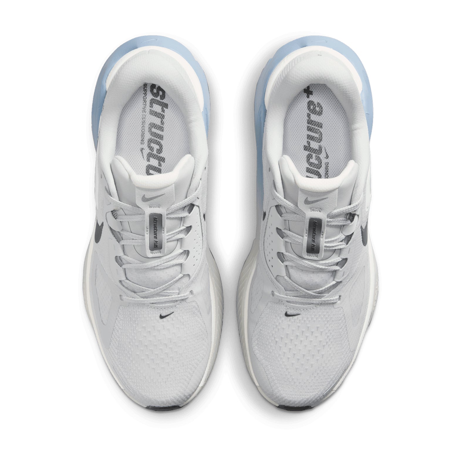 Nike Structure Plus men's running shoe in Grey Fog / Medium Ash / Summit White — top-down view showing grey fog engineered mesh upper with midfoot band lockdown, reflective details and medium ash and summit white accent detailing