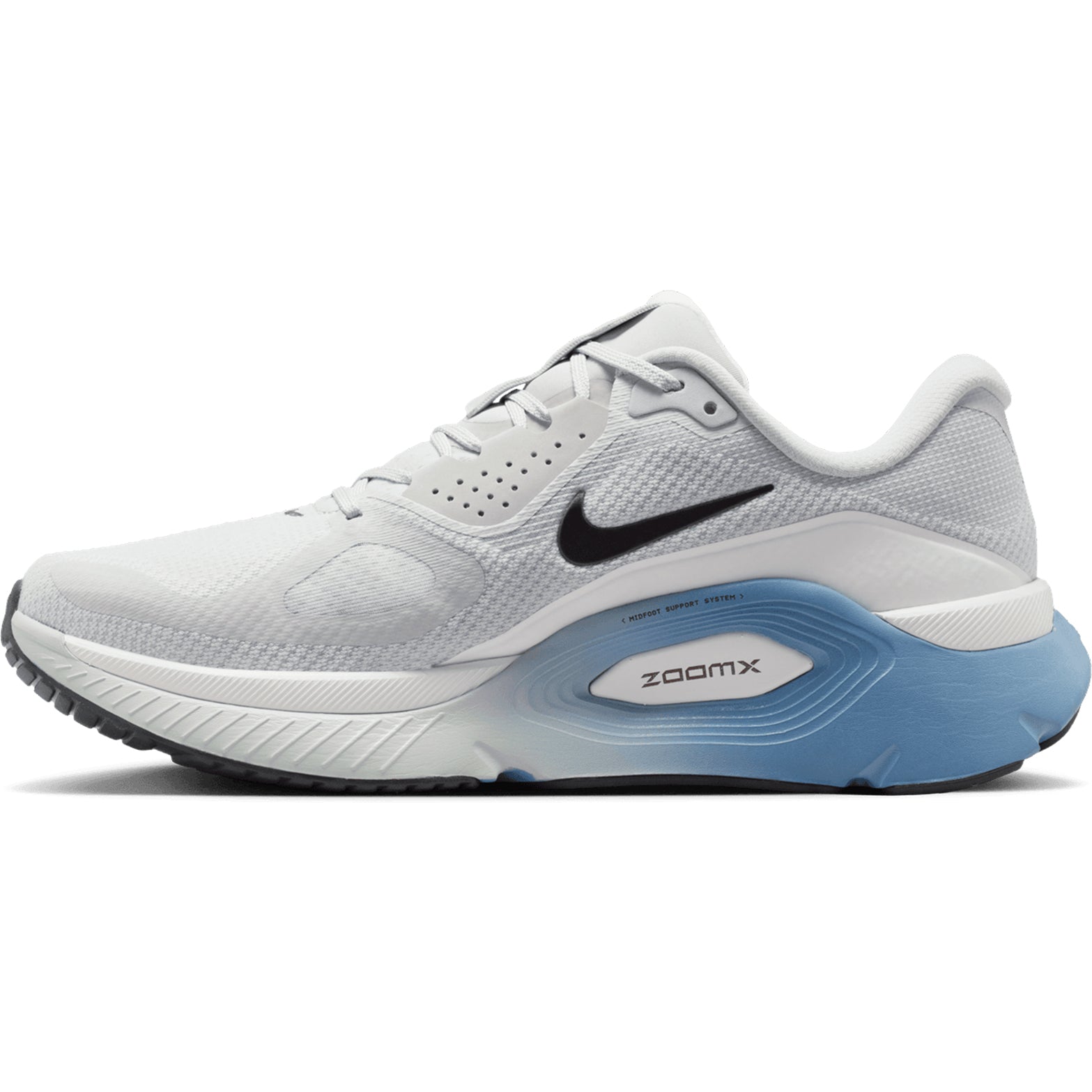 Nike Structure Plus men's running shoe in Grey Fog / Medium Ash / Summit White — inner view showing grey fog breathable mesh upper, medium ash midsole detailing, midfoot support system for stable transitions and stacked ZoomX ReactX cushioning foam construction