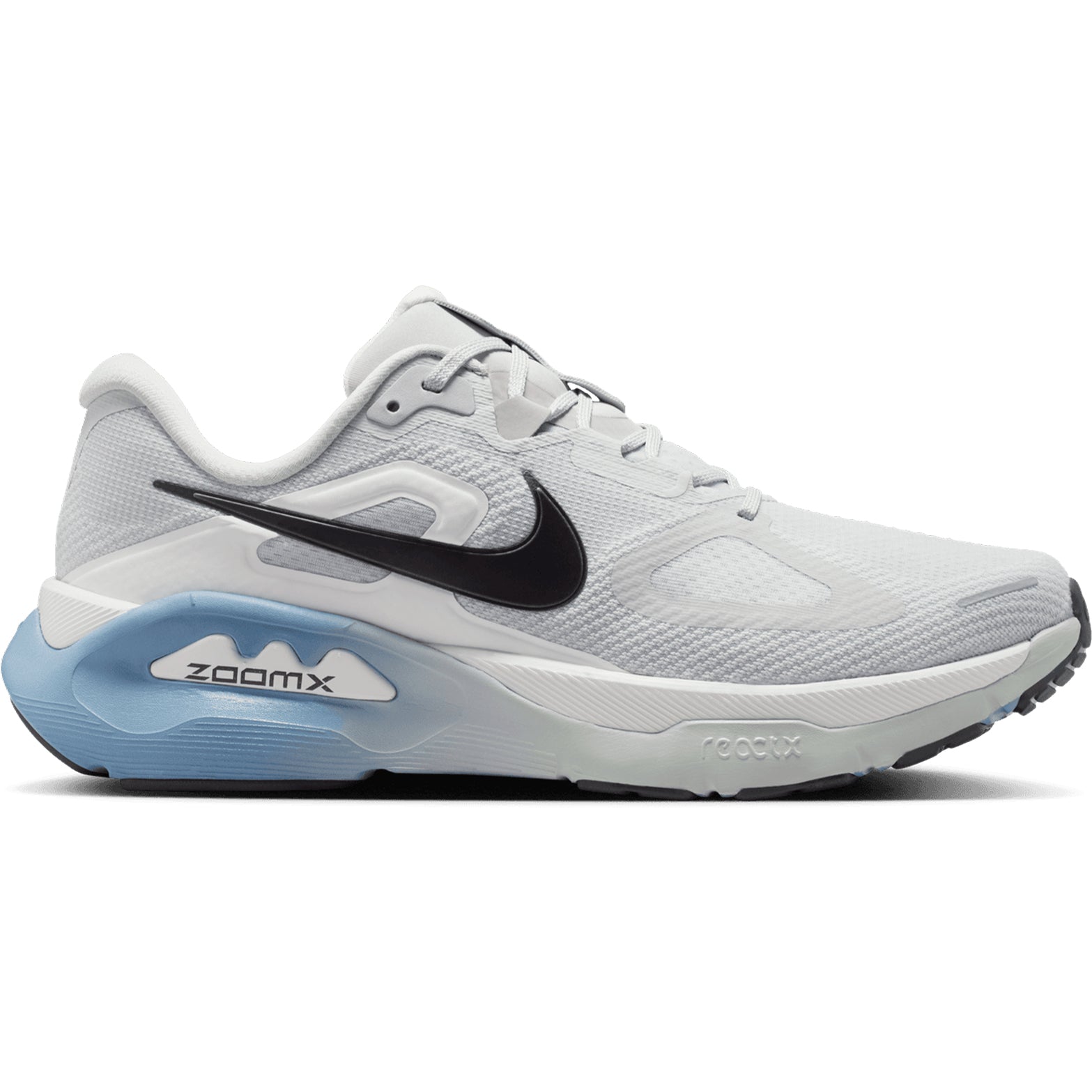 Nike Structure Plus men's running shoe in Grey Fog / Medium Ash / Summit White — outer view showing grey fog engineered mesh upper with midfoot band support, medium ash and summit white accent detailing, and double-stacked ZoomX over ReactX foam midsole profile